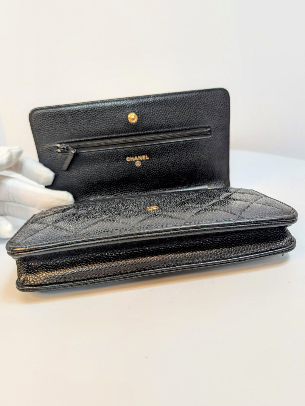 Chanel Black Quilted Caviar Leather Classic Wallet on Chain (WOC)