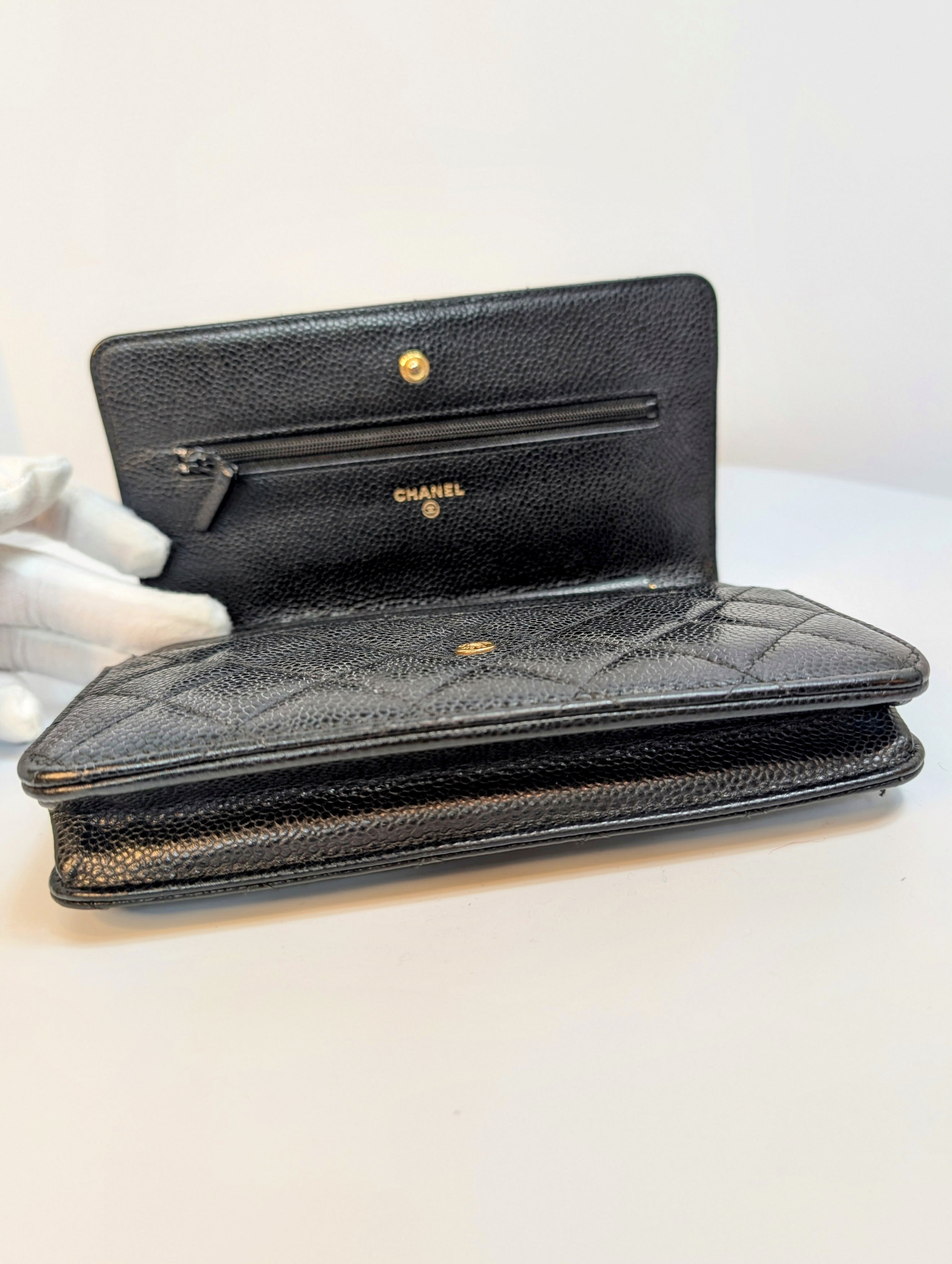 Chanel Black Quilted Caviar Leather Classic Wallet on Chain (WOC)