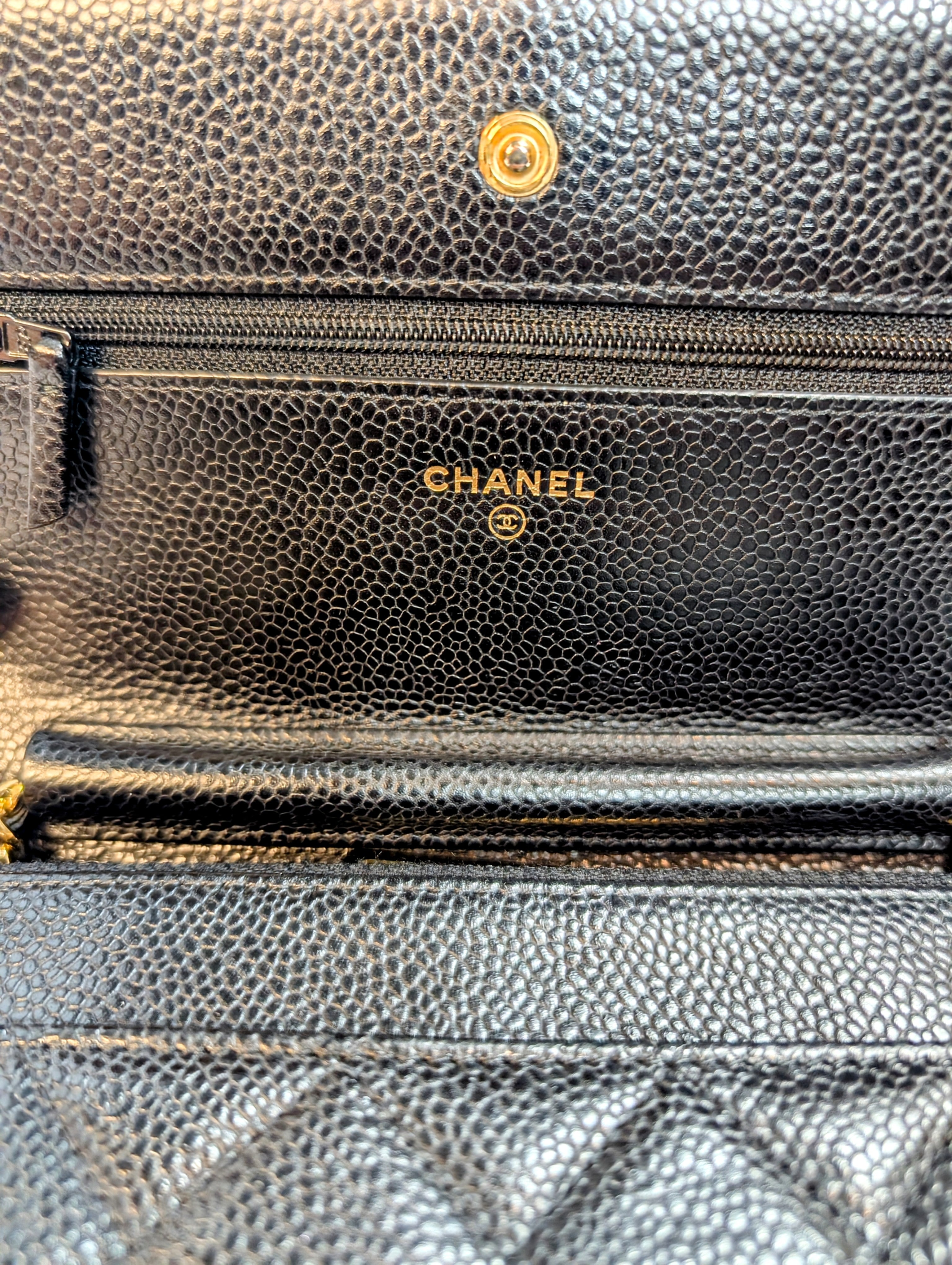 Chanel Black Quilted Caviar Leather Classic Wallet on Chain (WOC)