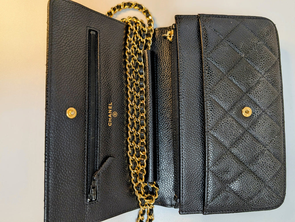 Chanel Black Quilted Caviar Leather Classic Wallet on Chain (WOC)