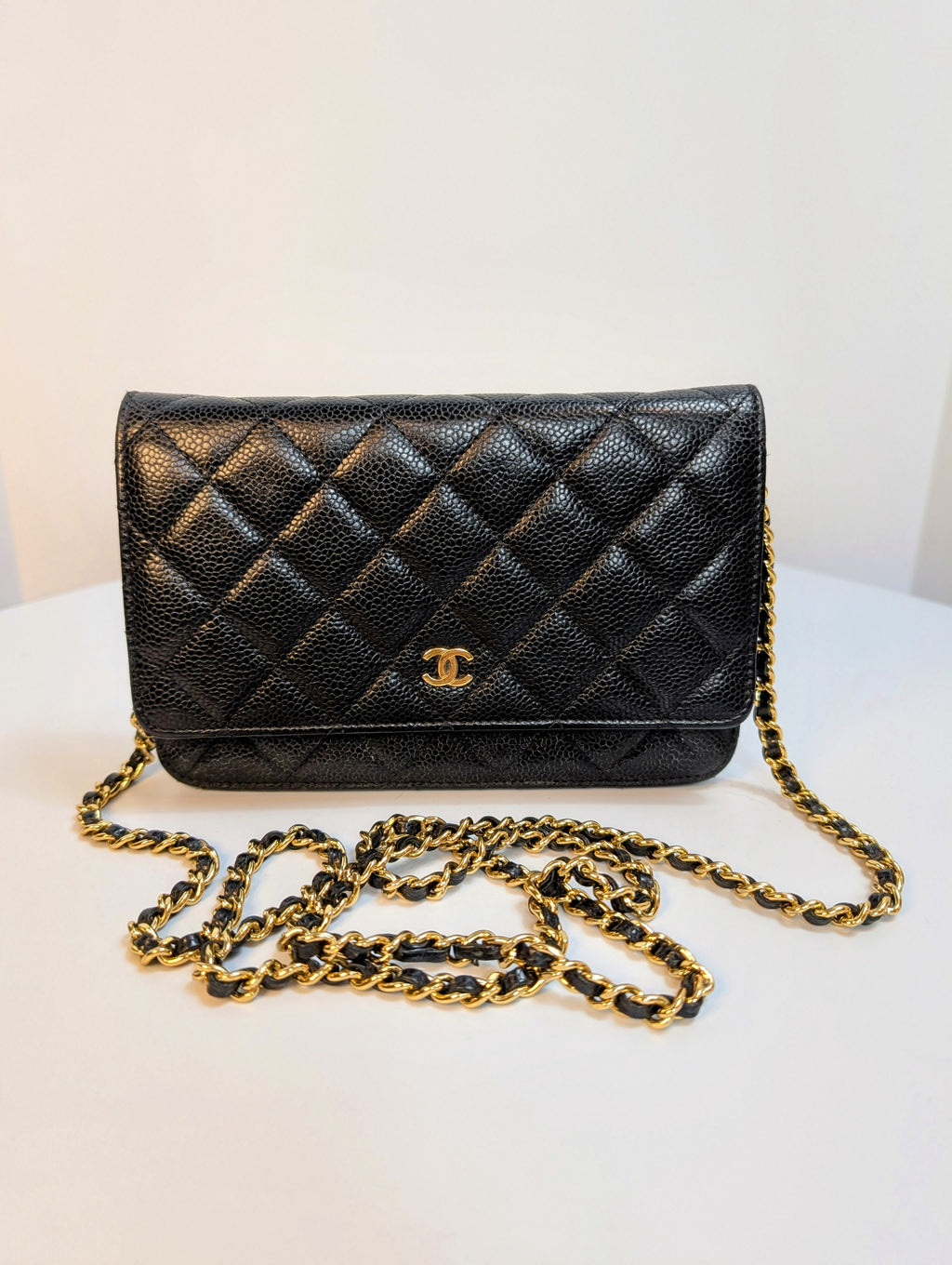 Chanel Black Quilted Caviar Leather Classic Wallet on Chain (WOC)