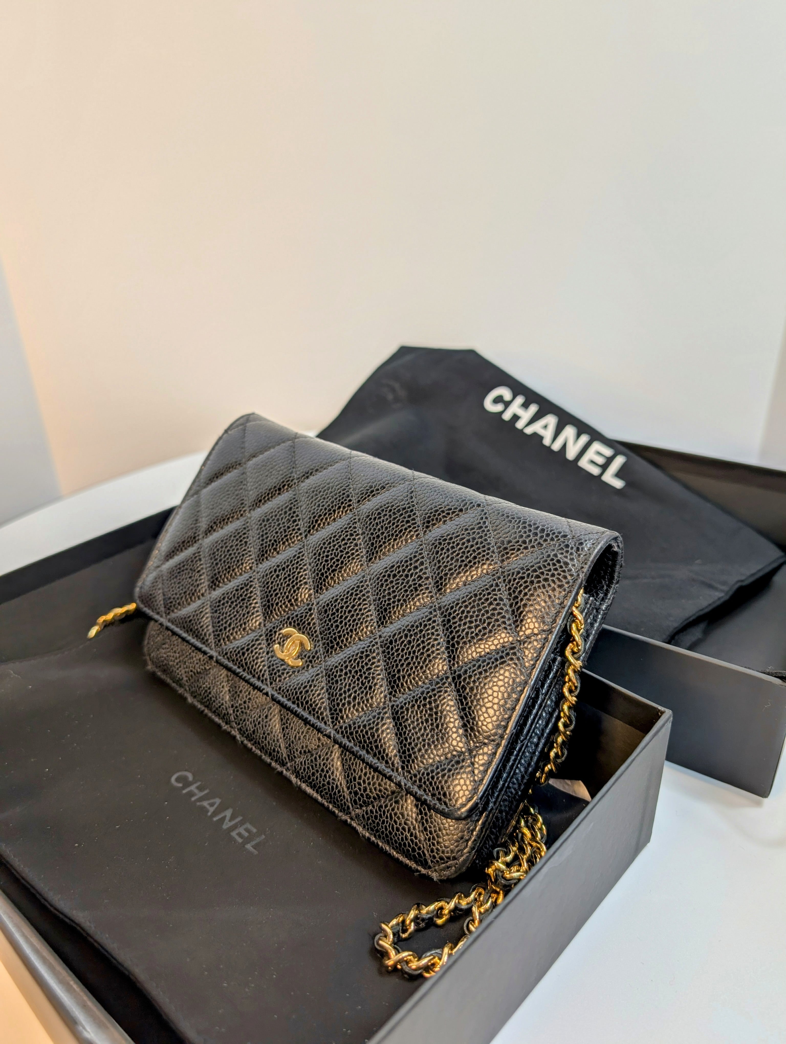 Chanel Black Quilted Caviar Leather Classic Wallet on Chain (WOC)