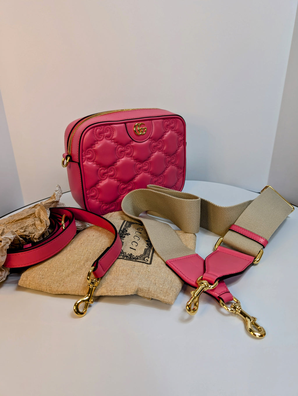 Gucci GG Hot Pink Matelasse Leather Double-Strap Camera Bag