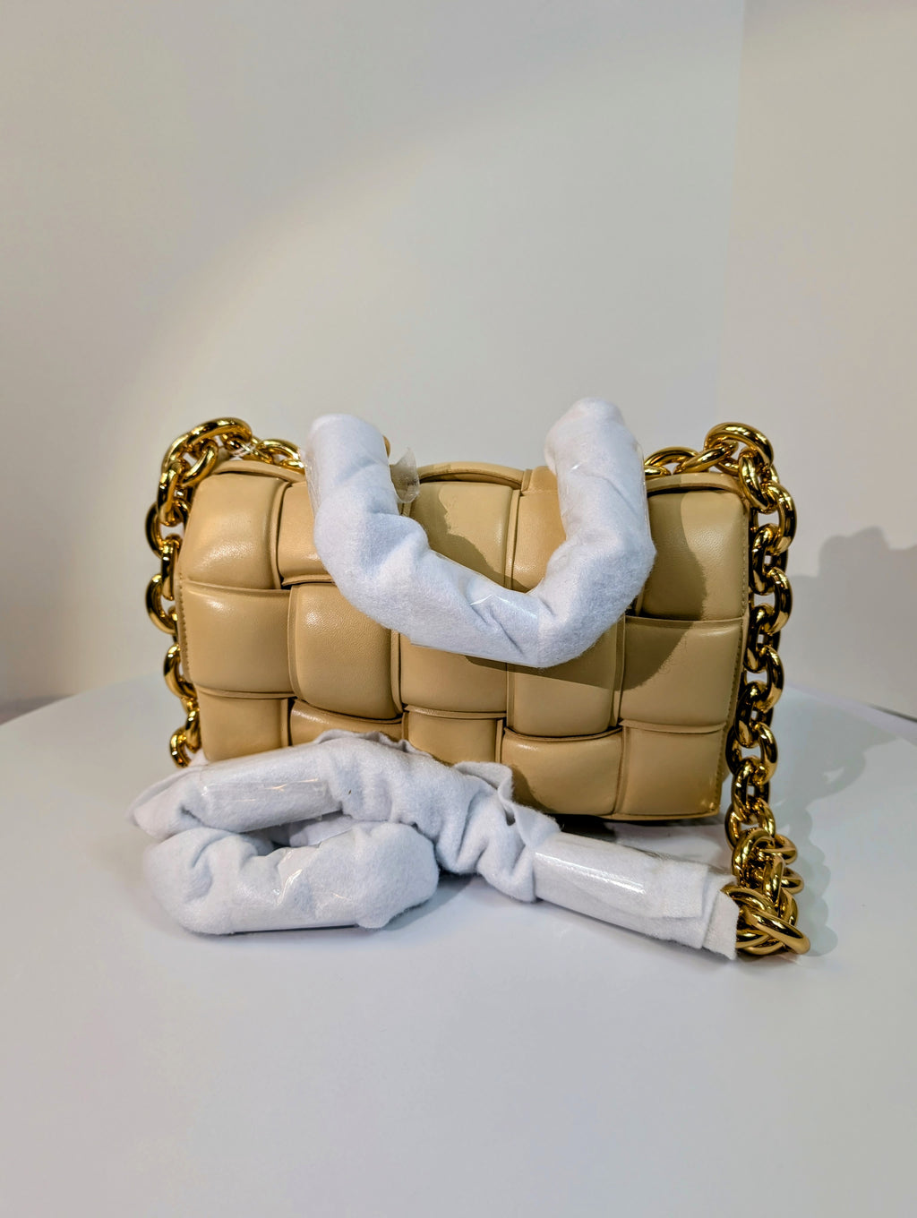 Bottega Veneta Cream Lambskin “The Chain” Cassette Shoulder Bag
