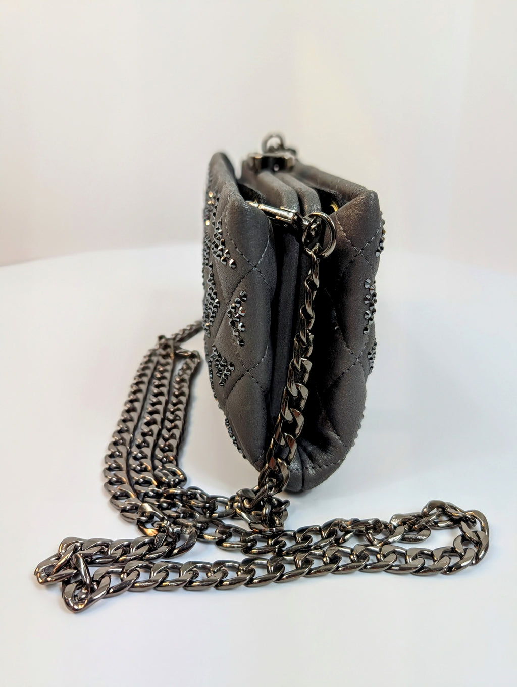 Chanel Timeless Gray Crystal-Studded Suede (Series 30) Diamond-Quilted Clutch