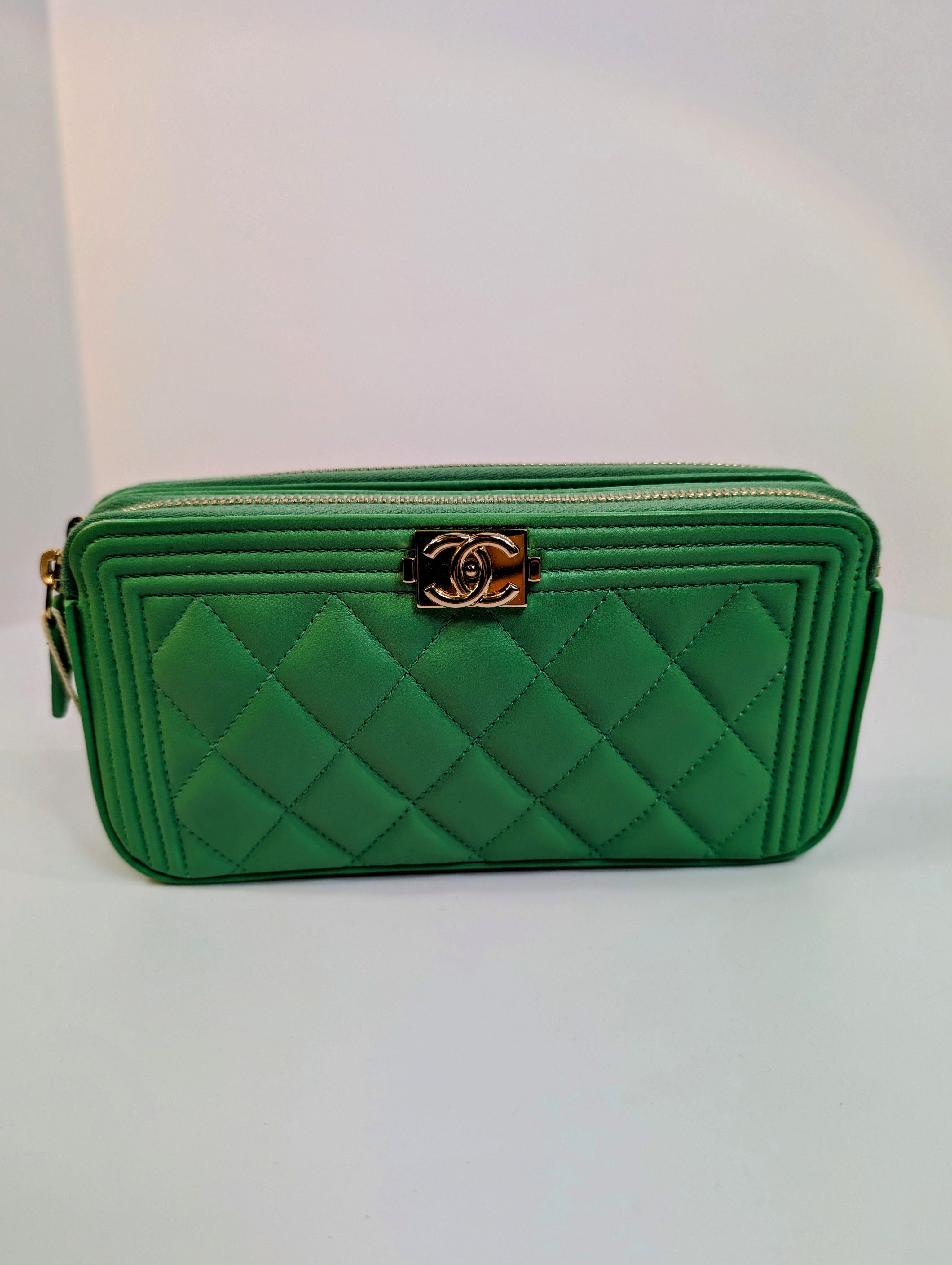 Chanel Green Boy Clutch with Double Zip Pouch
