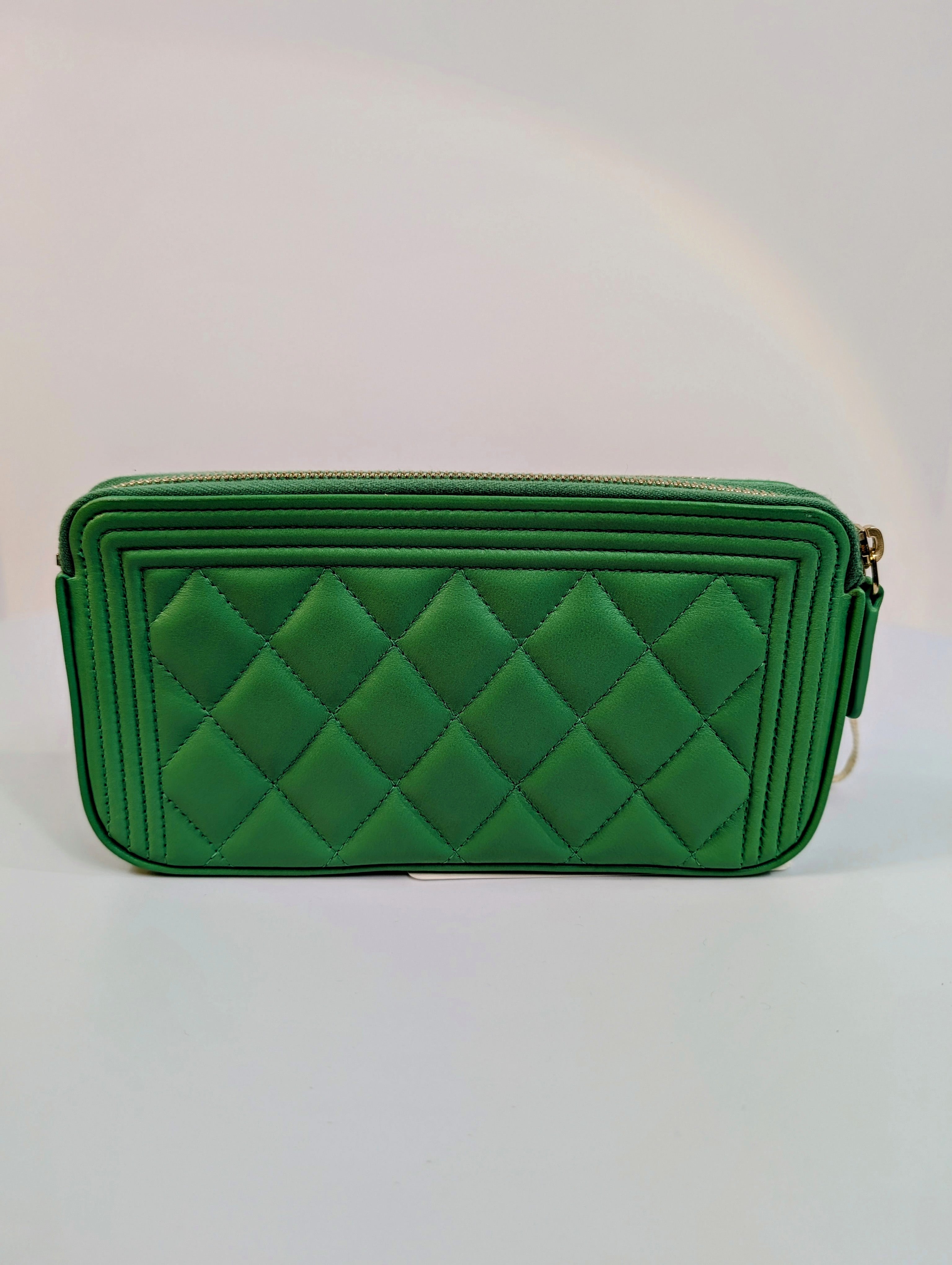 Chanel Green Boy Clutch with Double Zip Pouch