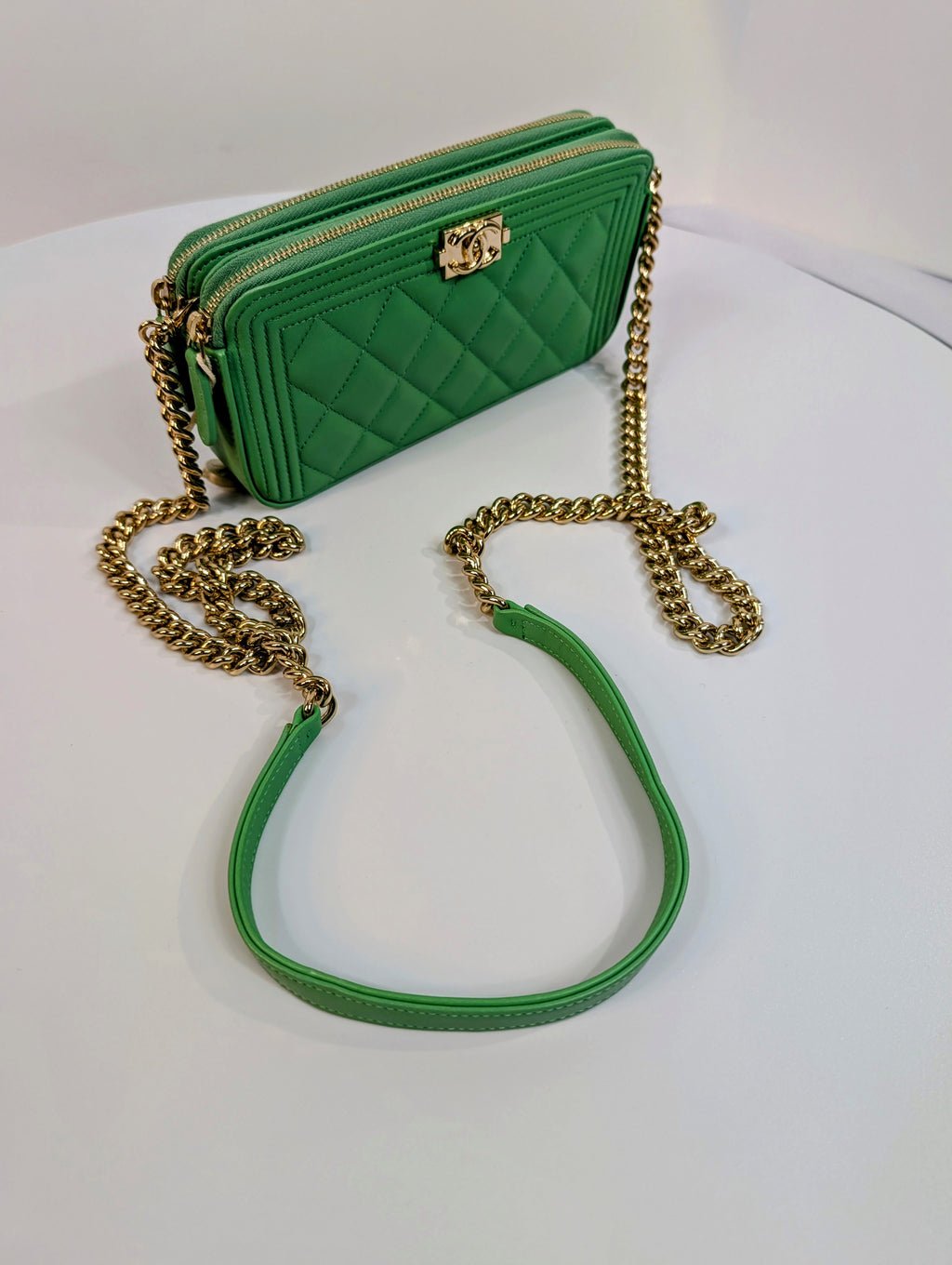 Chanel Green Boy Clutch with Double Zip Pouch