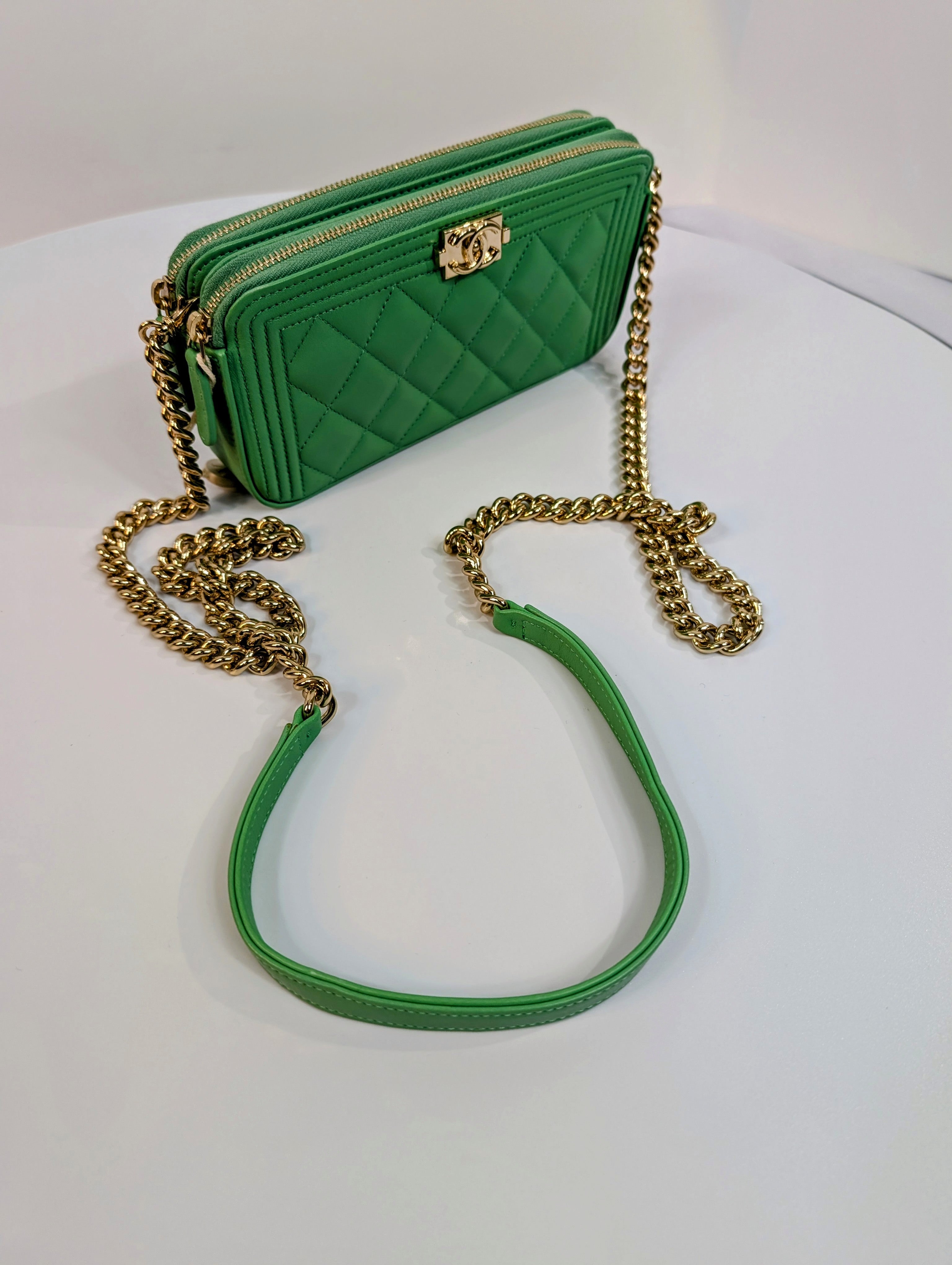 Chanel Green Boy Clutch with Double Zip Pouch