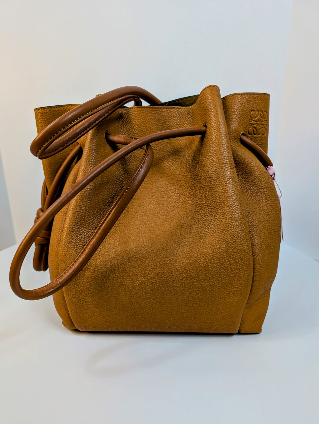 Loewe Camel Brown Grained Leather Flamenco Knot Drawstring Bag