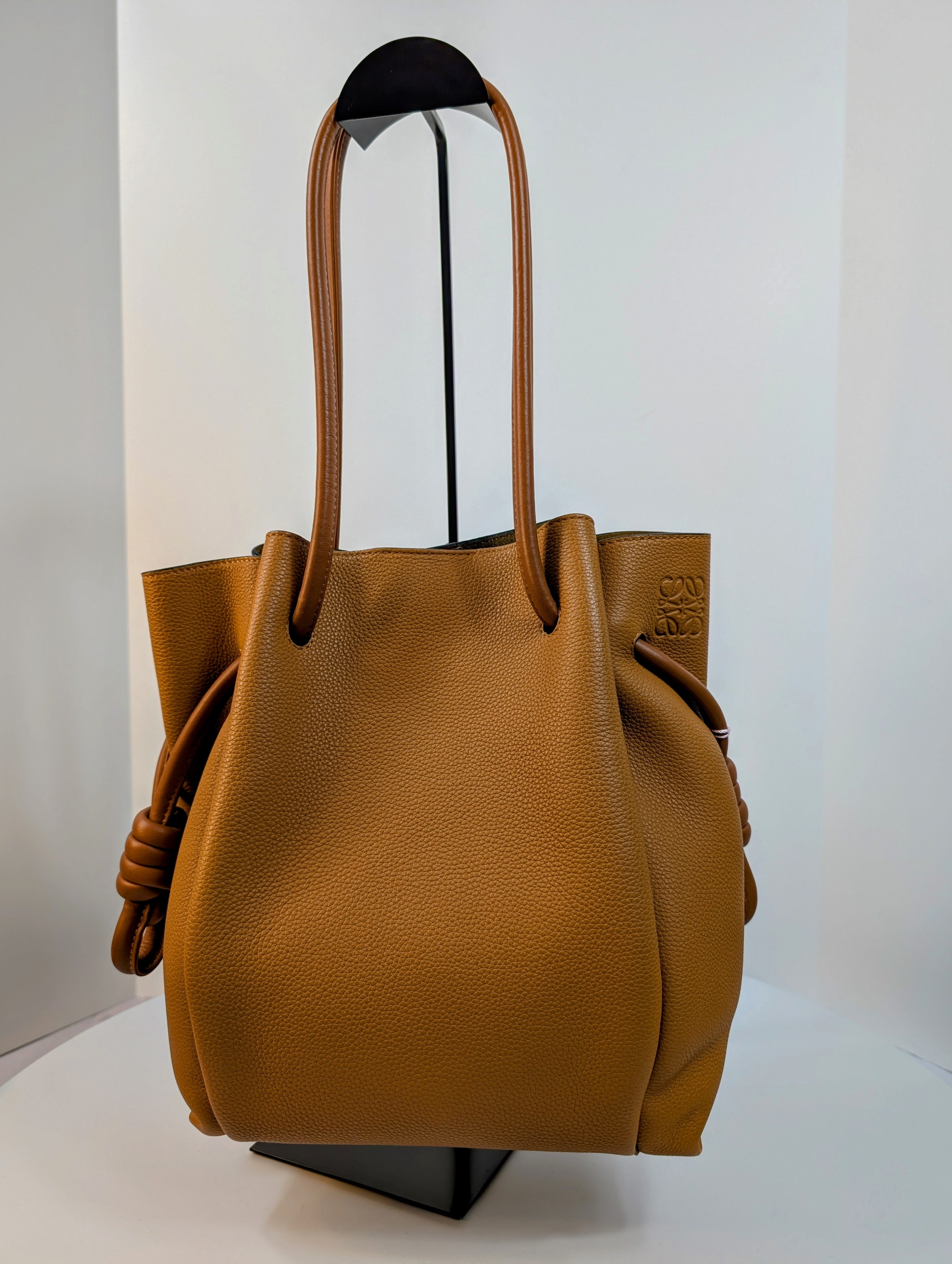 Loewe Camel Brown Grained Leather Flamenco Knot Drawstring Bag