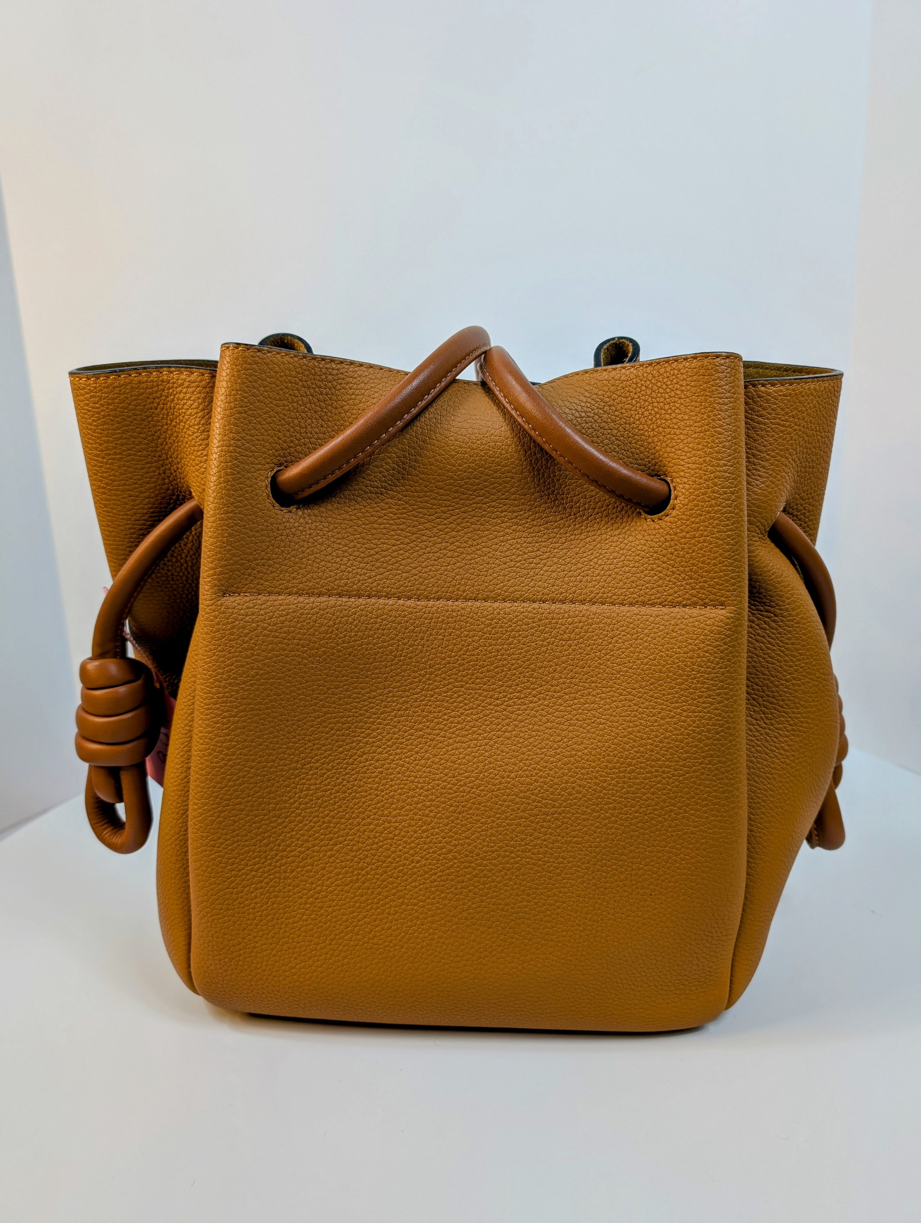 Loewe Camel Brown Grained Leather Flamenco Knot Drawstring Bag