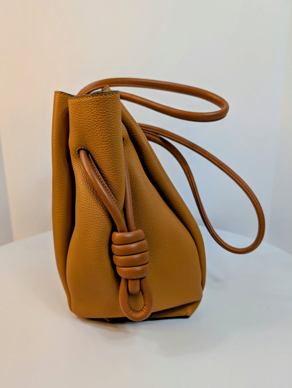 Loewe Camel Brown Grained Leather Flamenco Knot Drawstring Bag