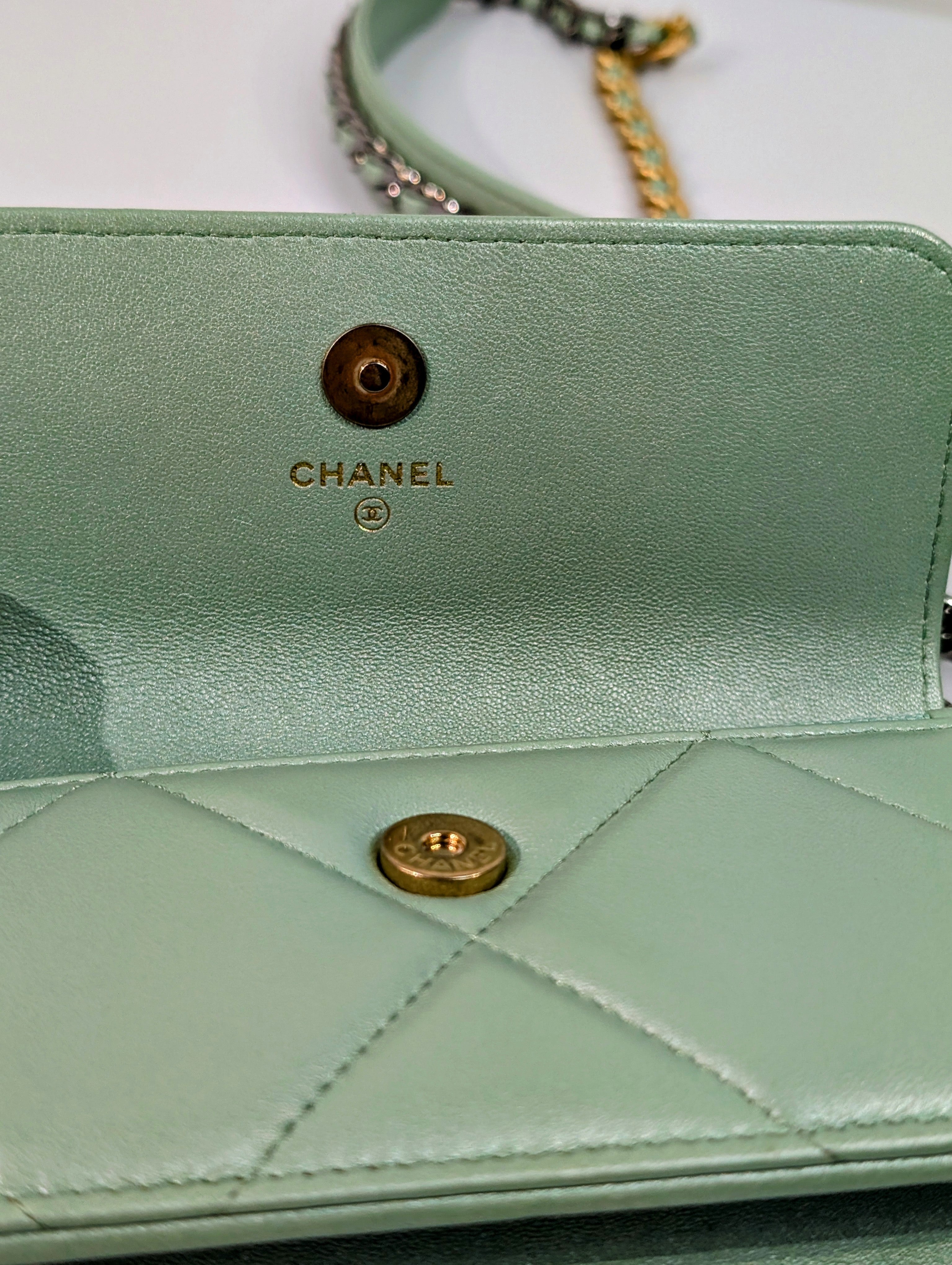 Chanel 19 Mint Quilted Lambskin Wallet On Chain (WOC)