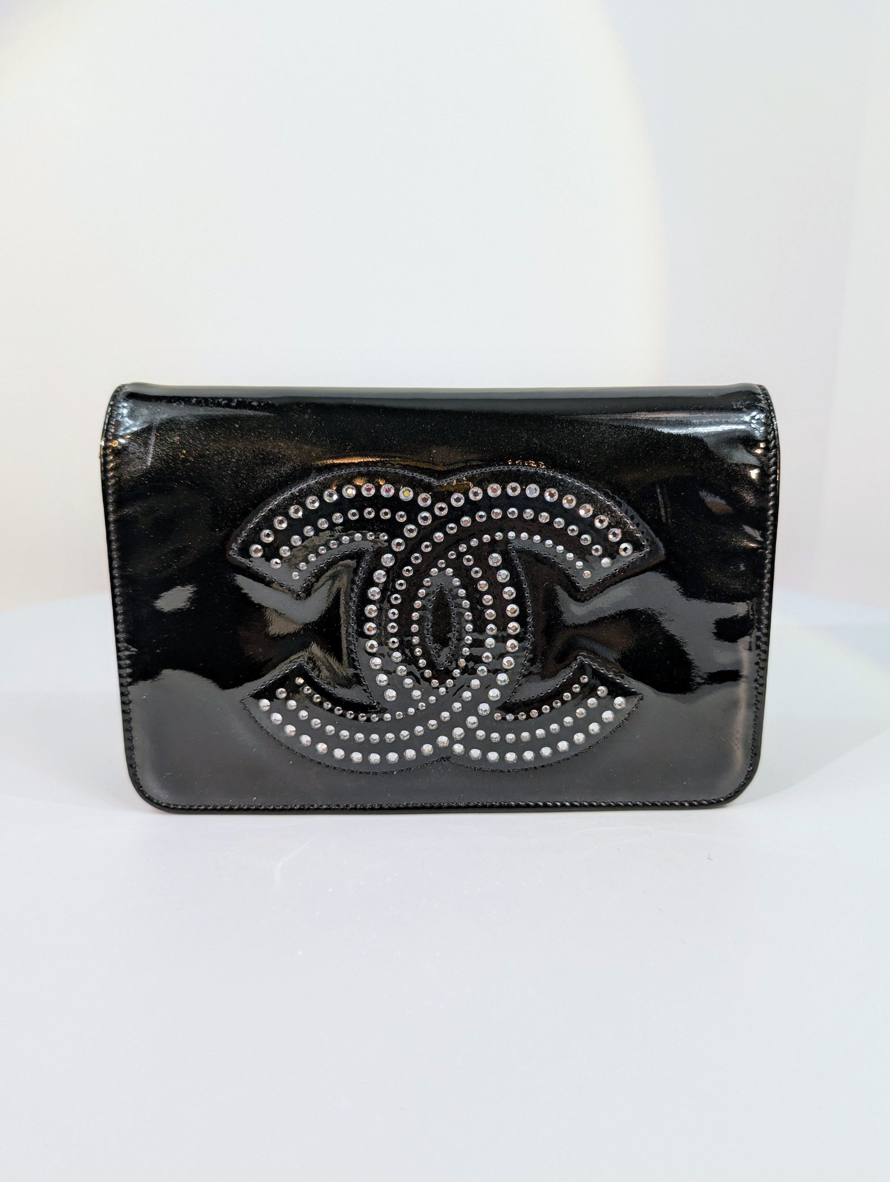 Chanel Black Studded Crystal Patent Leather Wallet on Chain (WOC)