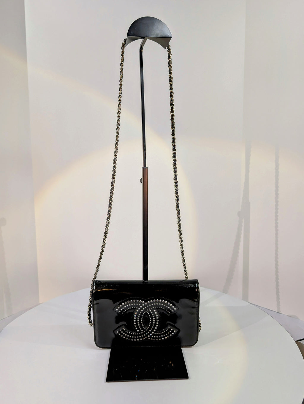 Chanel Black Studded Crystal Patent Leather Wallet on Chain (WOC)