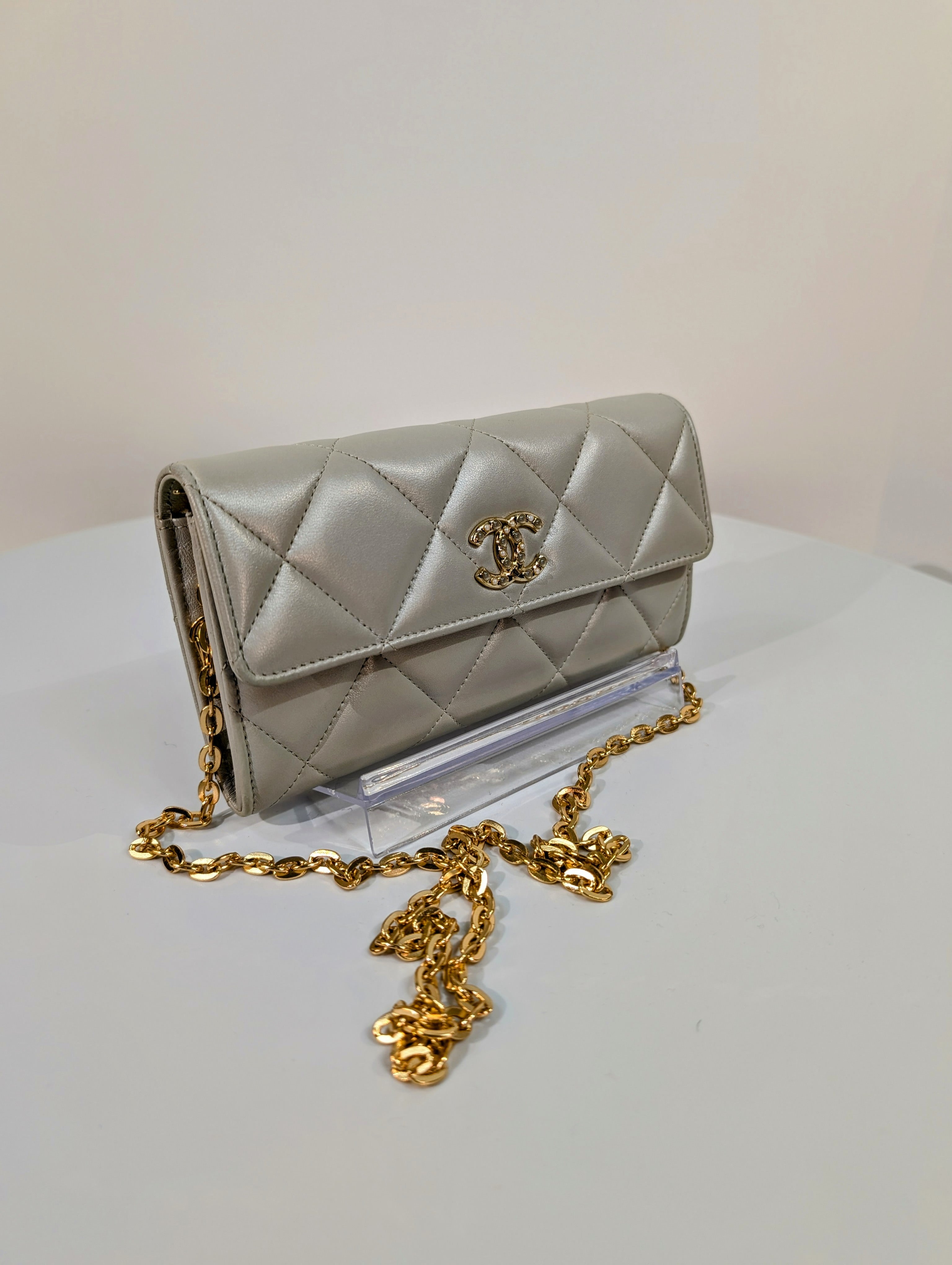 Chanel 19 Long Flap Lambskin in Lustrous Iriescent Silver Clutch