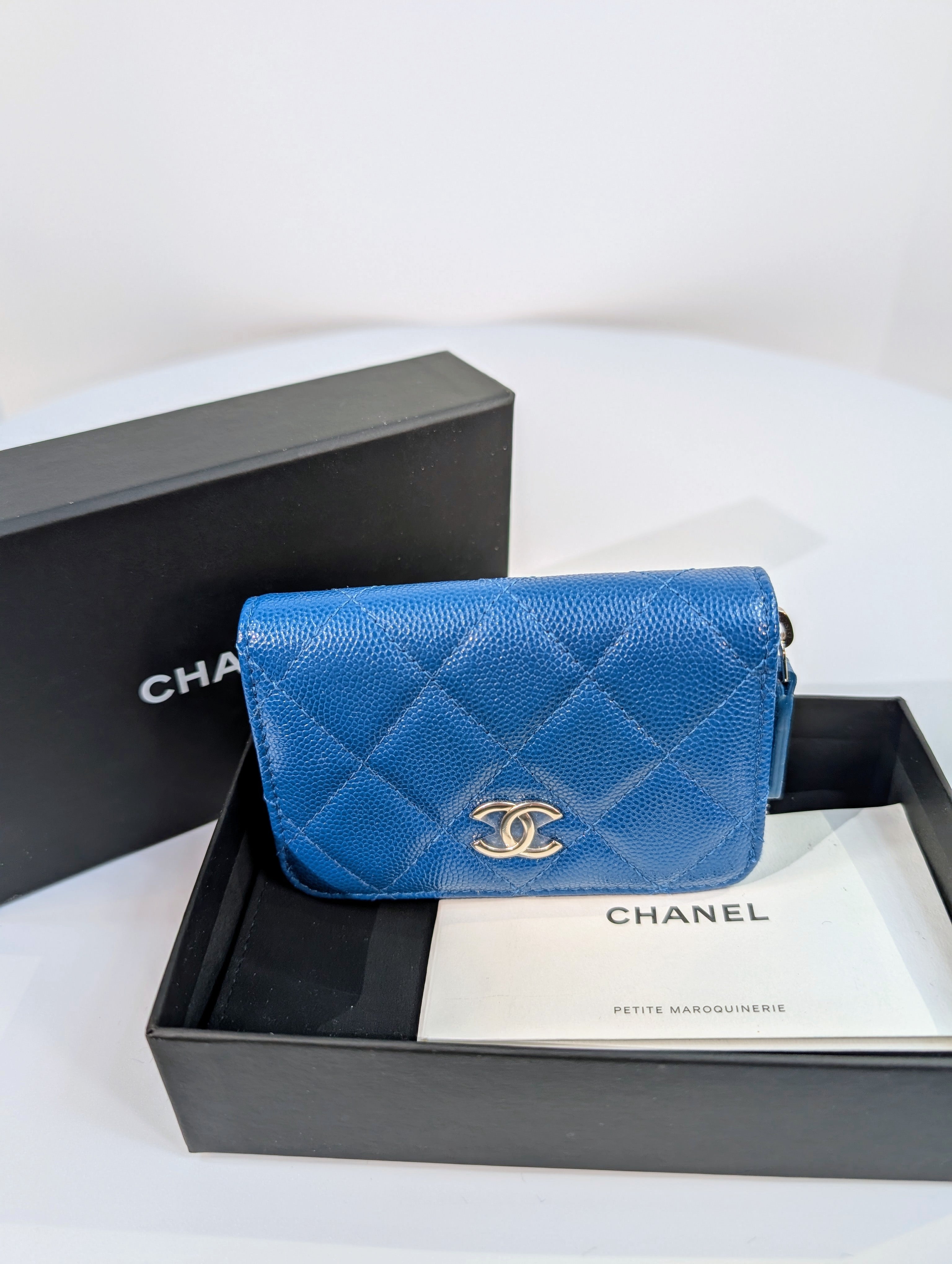 Chanel Blue Quilted Caviar Very Rare VIP "Gift Novelty Mini" Zip Wallet Cardholder