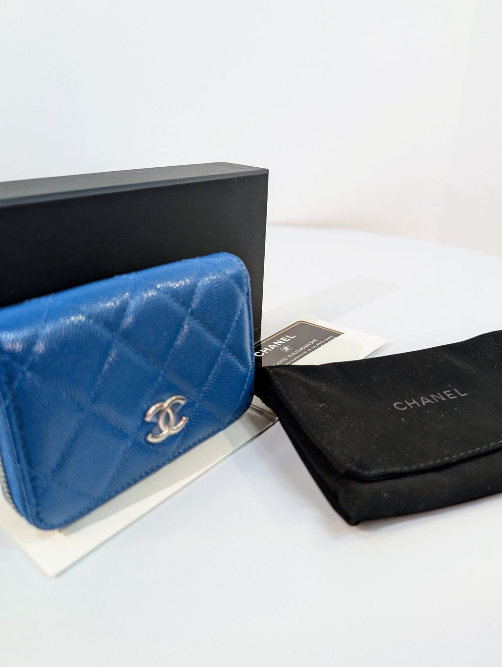 Chanel Blue Quilted Caviar Rare VIP "Gift Novelty Mini" Zip Wallet Cardholder
