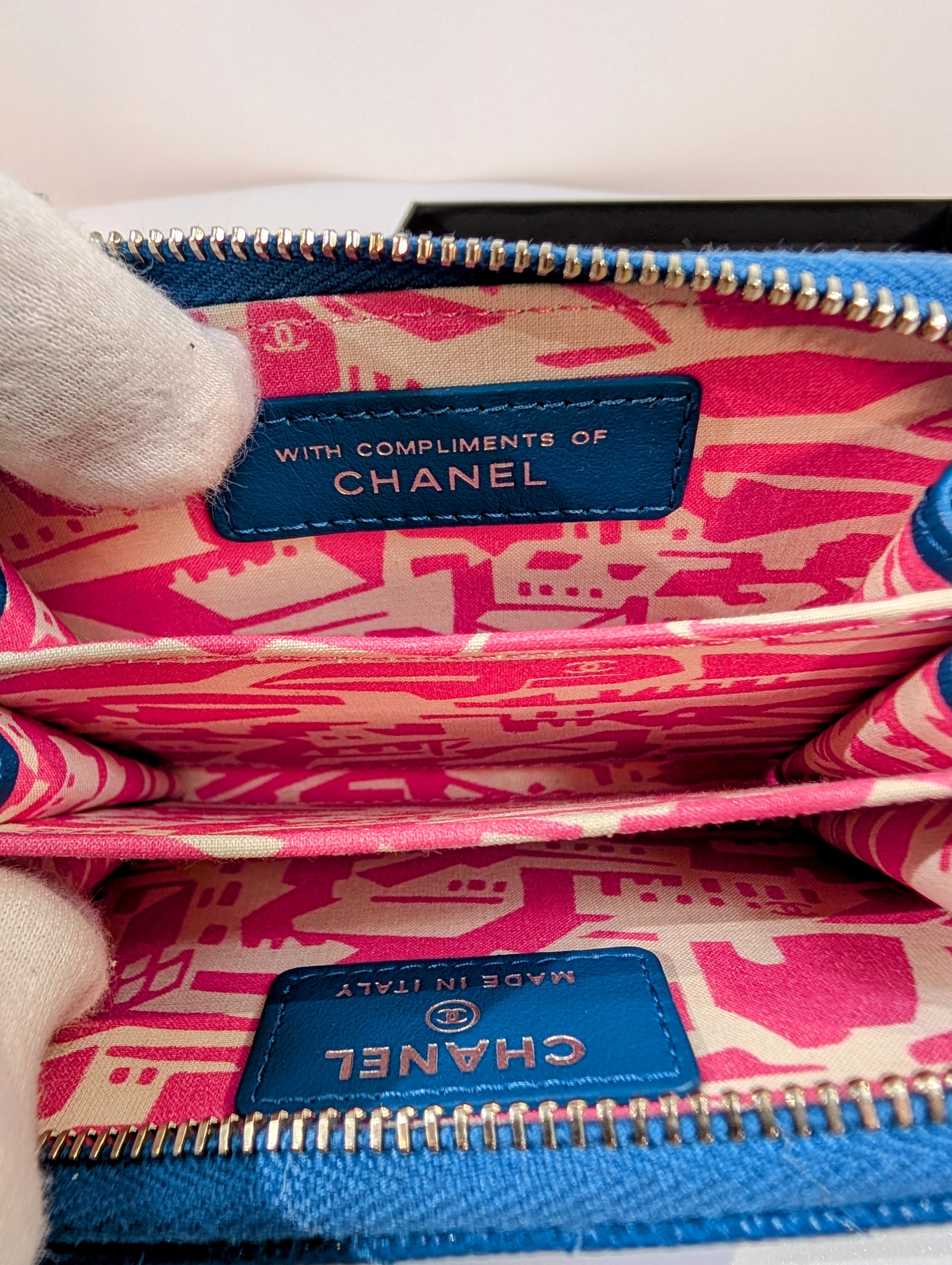 Chanel Blue Quilted Caviar Very Rare VIP "Gift Novelty Mini" Zip Wallet Cardholder