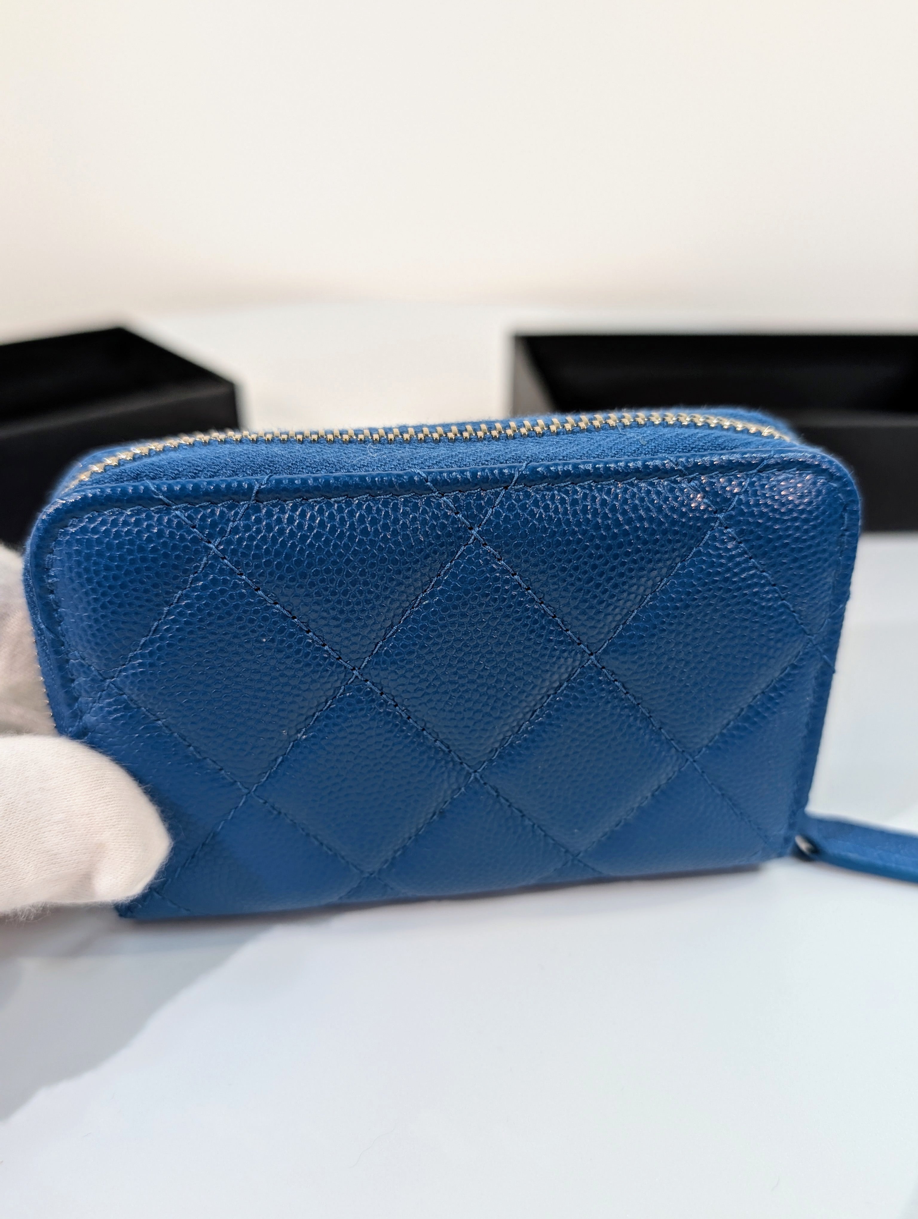 Chanel Blue Quilted Caviar Very Rare VIP "Gift Novelty Mini" Zip Wallet Cardholder
