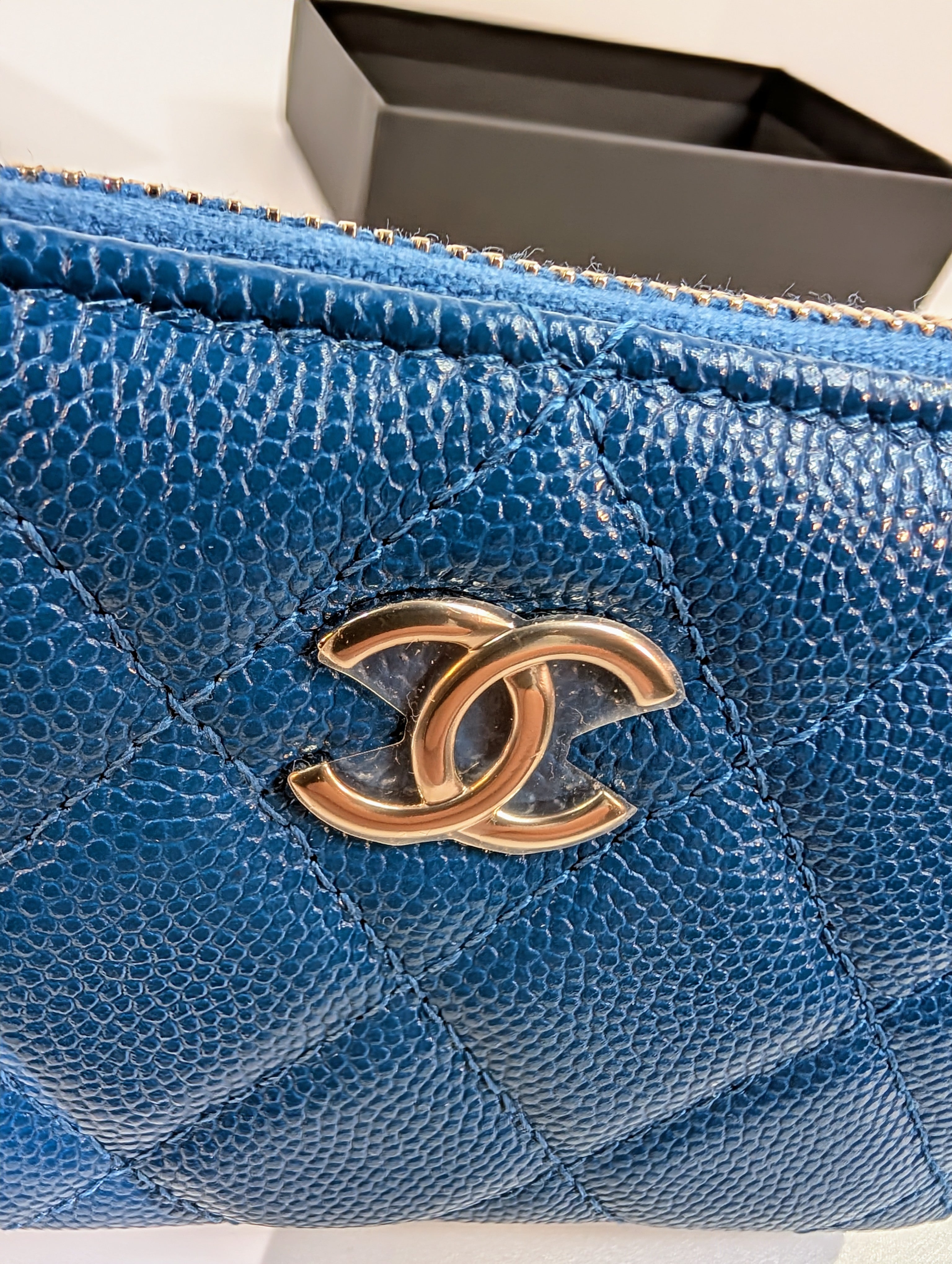 Chanel Blue Quilted Caviar Very Rare VIP "Gift Novelty Mini" Zip Wallet Cardholder