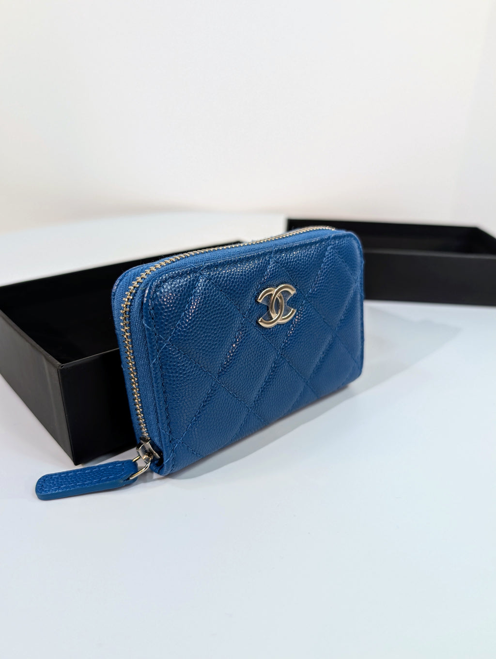 Chanel Blue Quilted Caviar Rare VIP "Gift Novelty Mini" Zip Wallet Cardholder