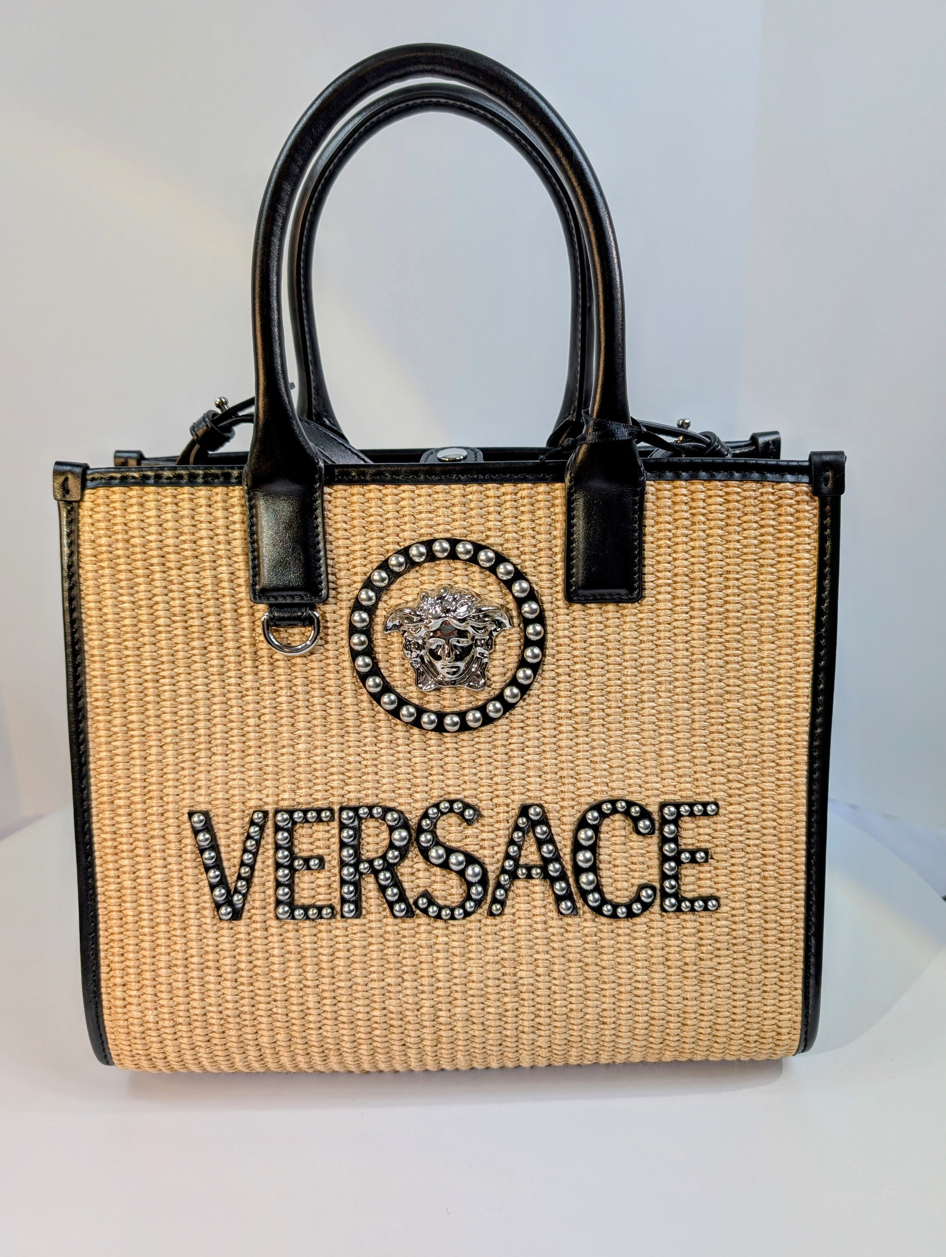 Versace La Medusa Raffia Straw Tote with Silver Studded Logo