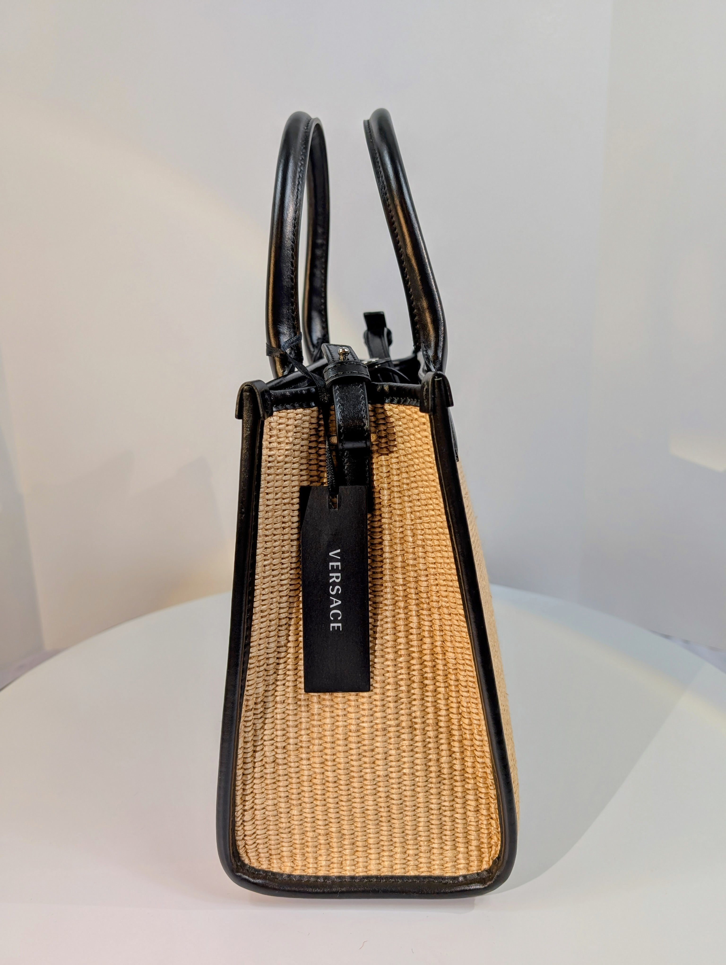 Versace La Medusa Raffia Straw Tote with Silver Studded Logo