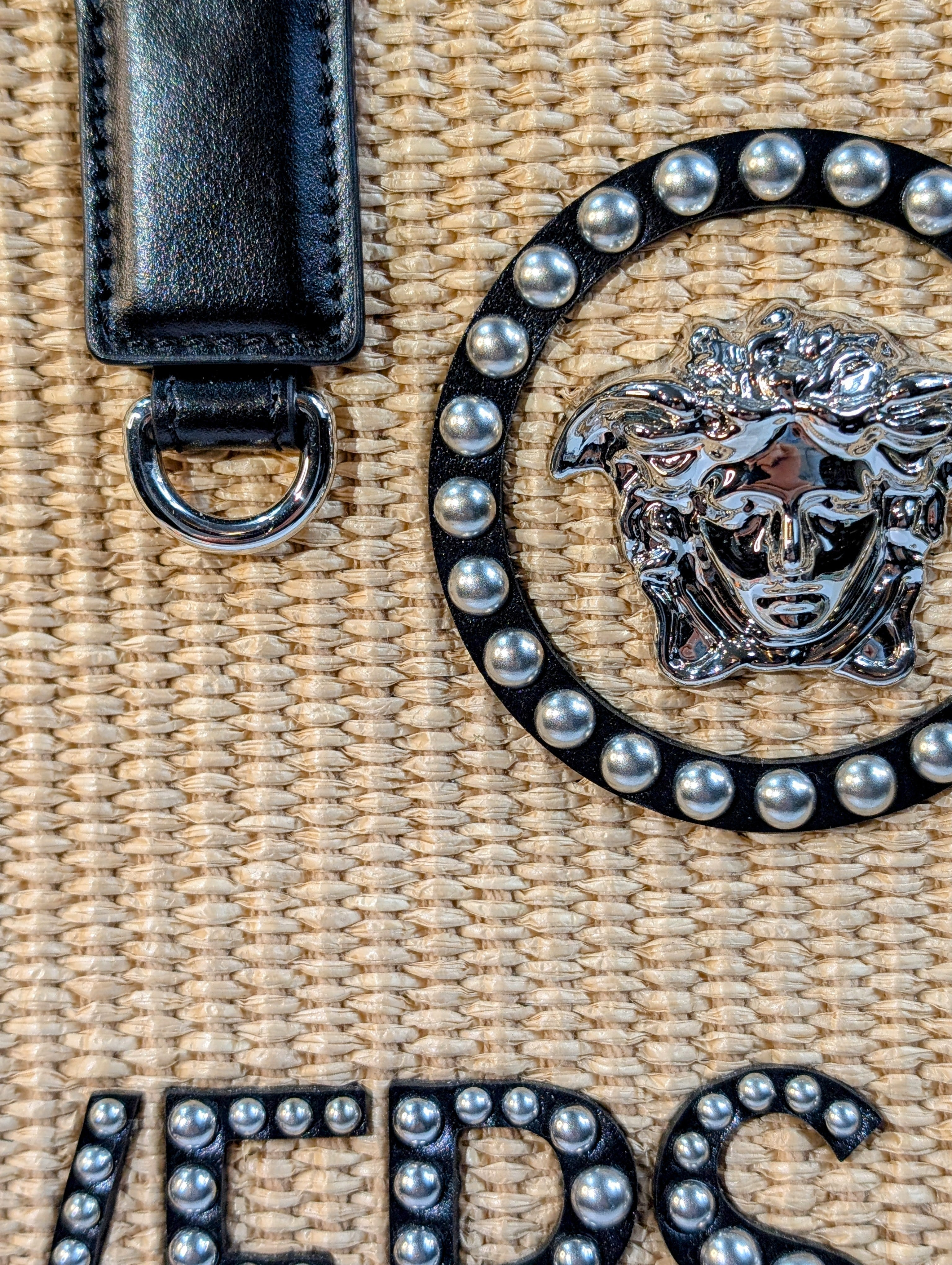 Versace La Medusa Raffia Straw Tote with Silver Studded Logo