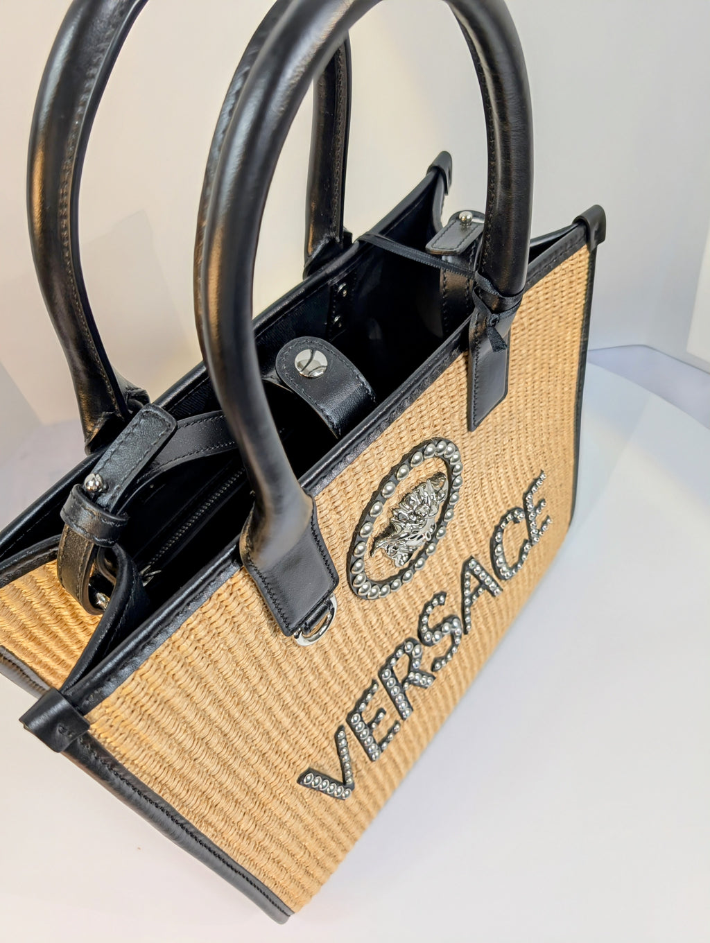 Versace La Medusa Raffia Straw Tote with Silver Studded Logo