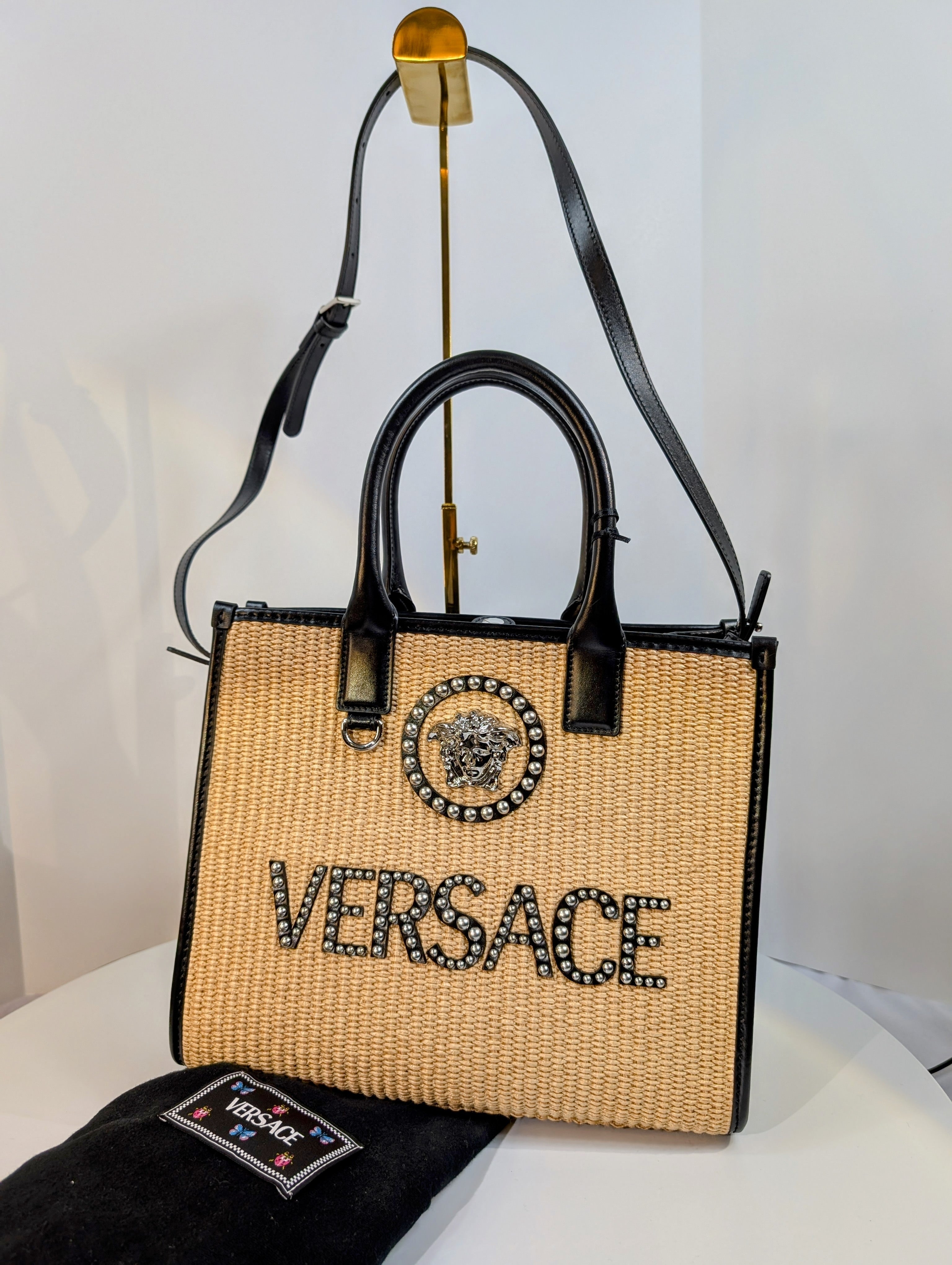 Versace La Medusa Raffia Straw Tote with Silver Studded Logo