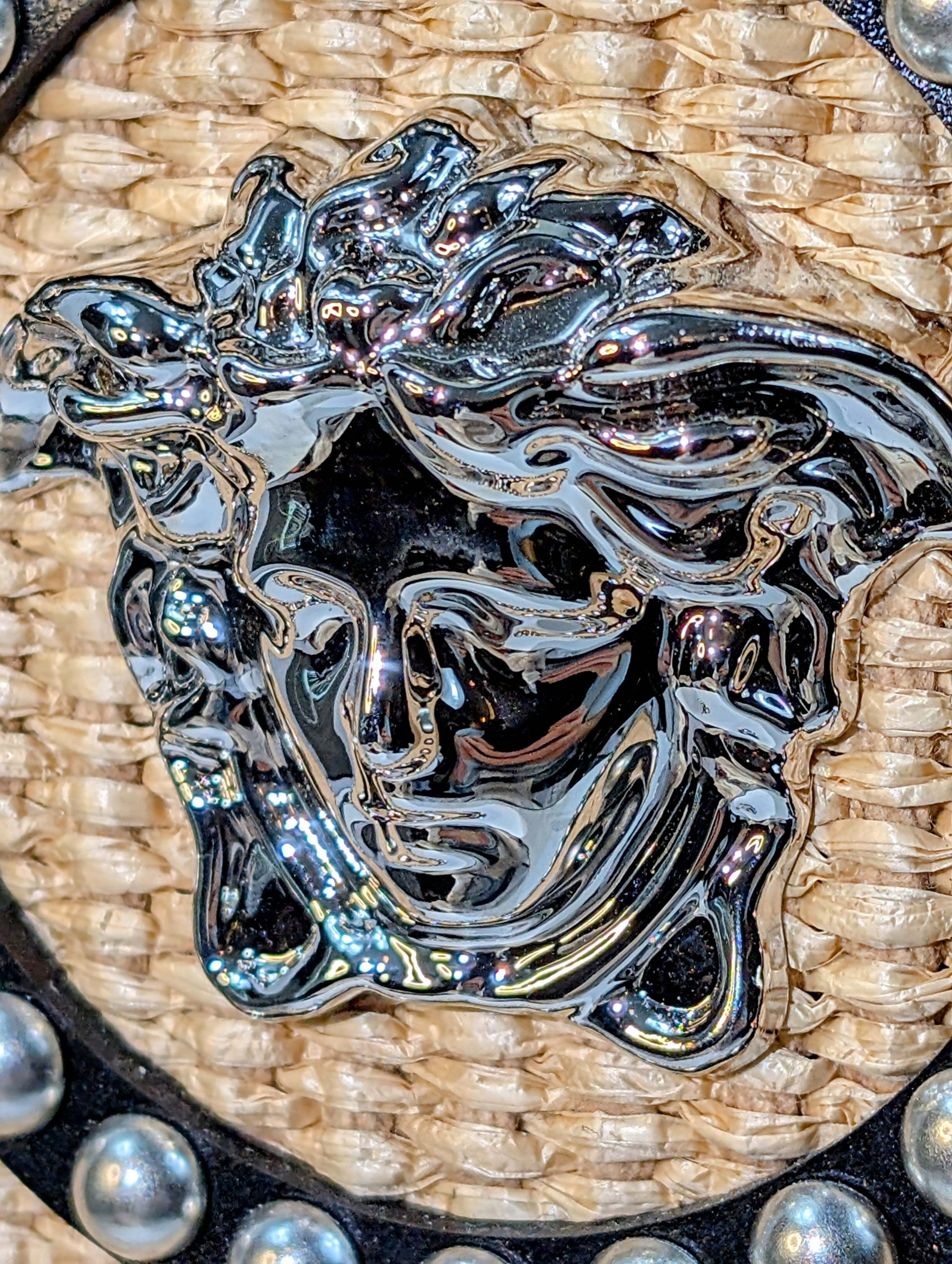 Versace La Medusa Raffia Straw Tote with Silver Studded Logo