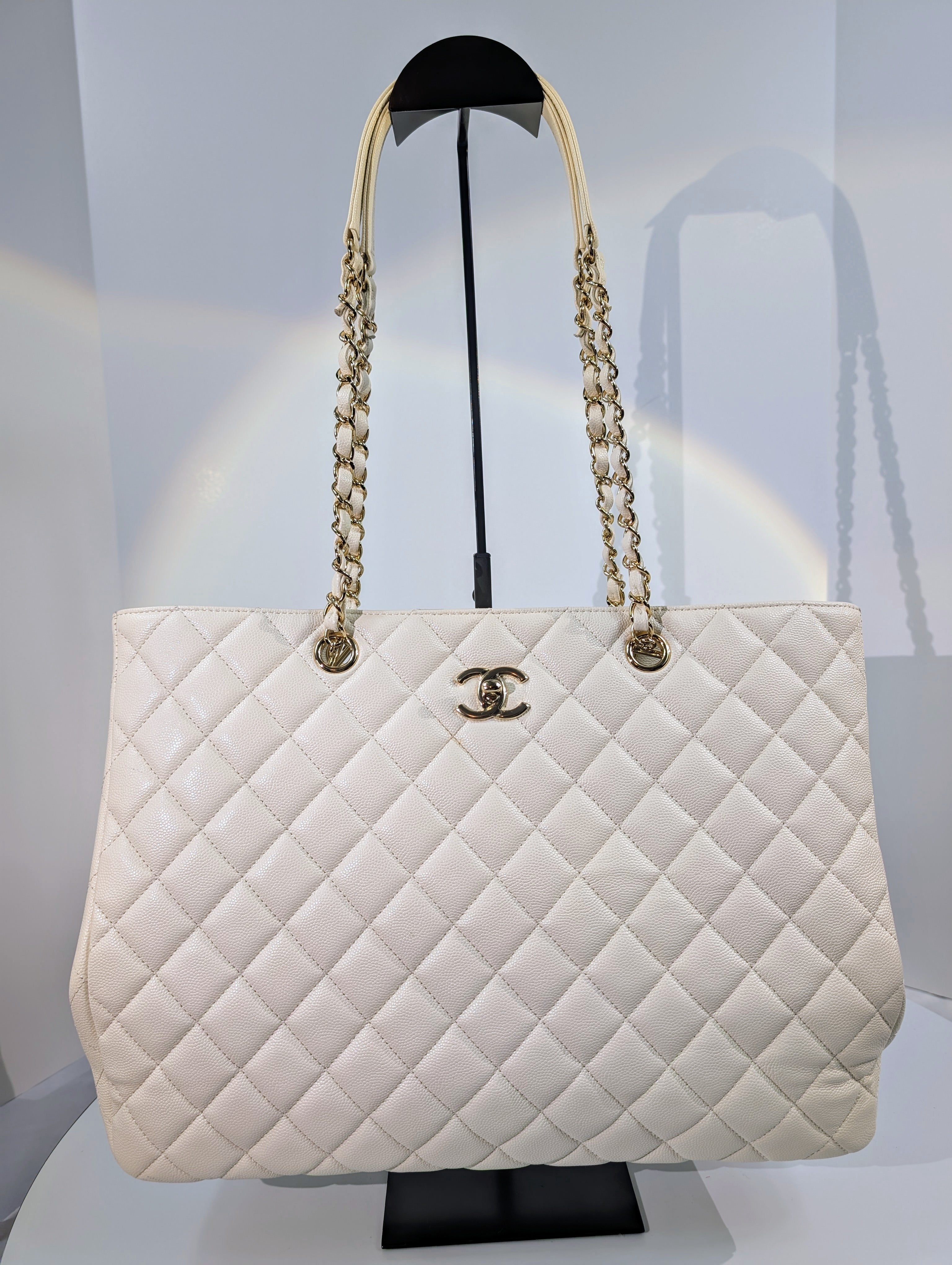 Chanel White Classic Shopping Tote (GST successor) Turnlock Bag