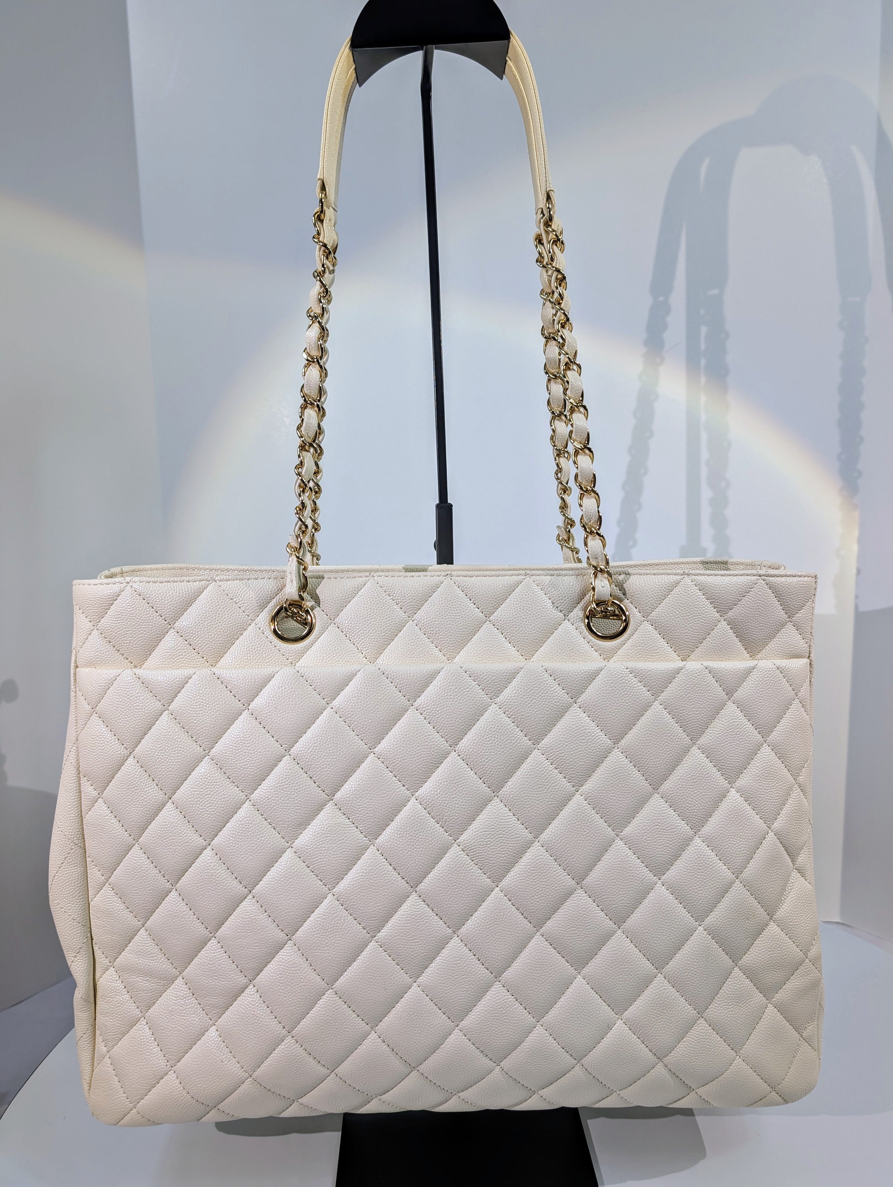 Chanel White Classic Shopping Tote (GST successor) Turnlock Bag