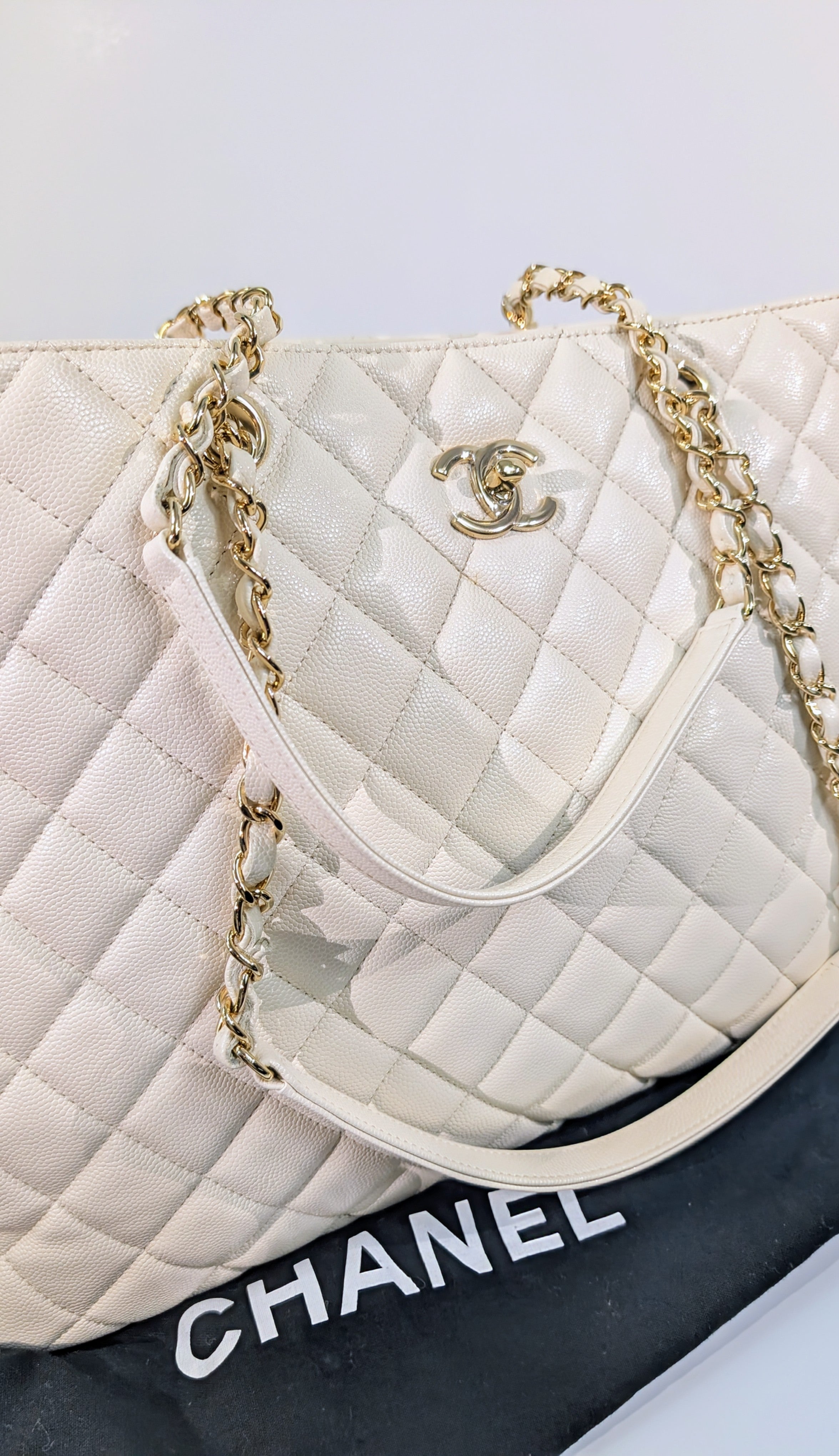 Chanel White Classic Shopping Tote (GST successor) Turnlock Bag