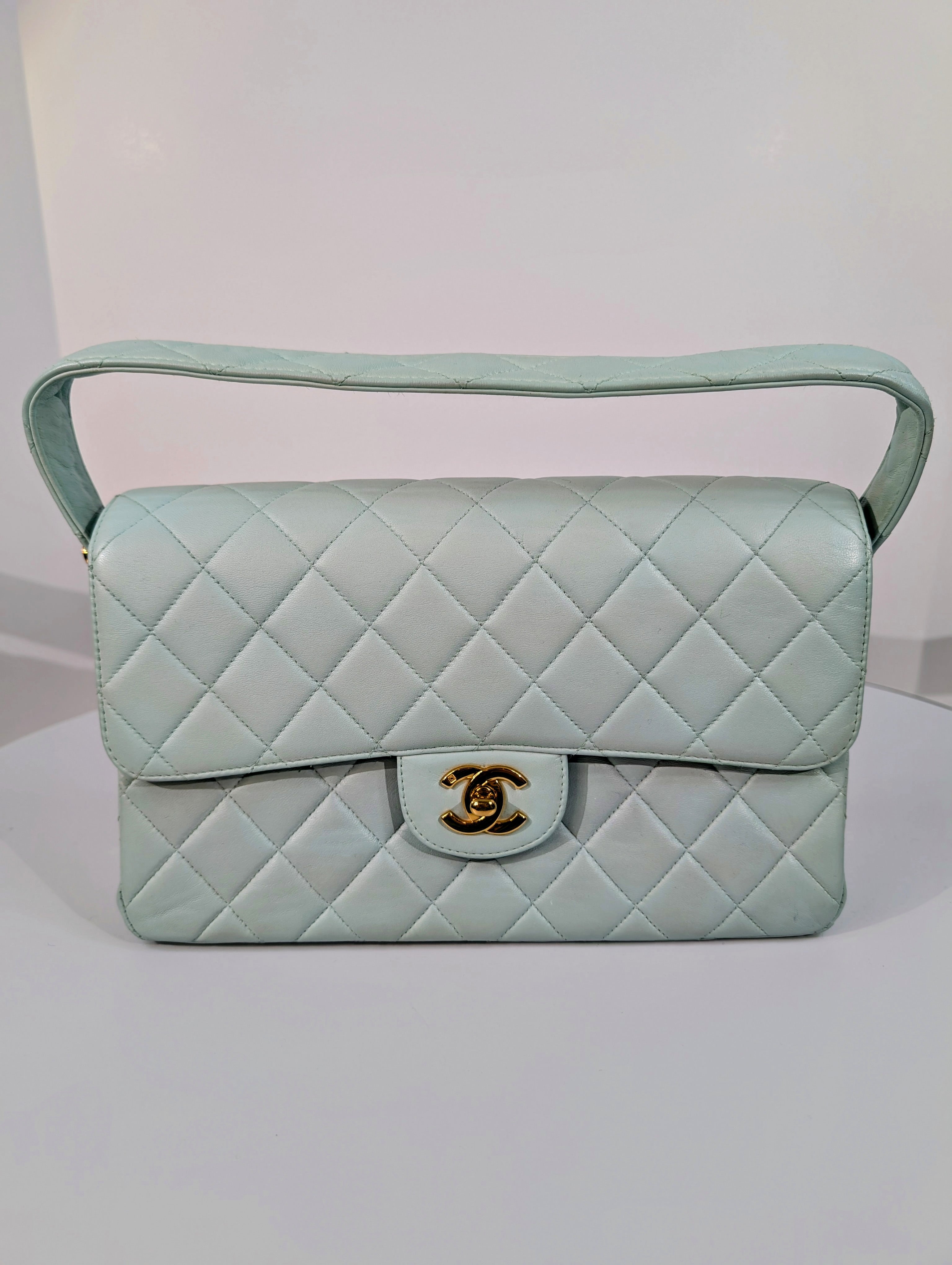 Chanel Light Blue Rare Vintage Jumbo Calfskin Double Turn-lock Bag