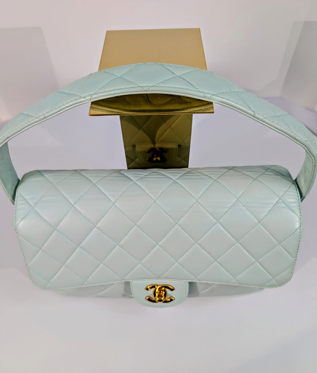 Chanel Light Blue Rare Vintage Jumbo Calfskin Double Turn-lock Bag
