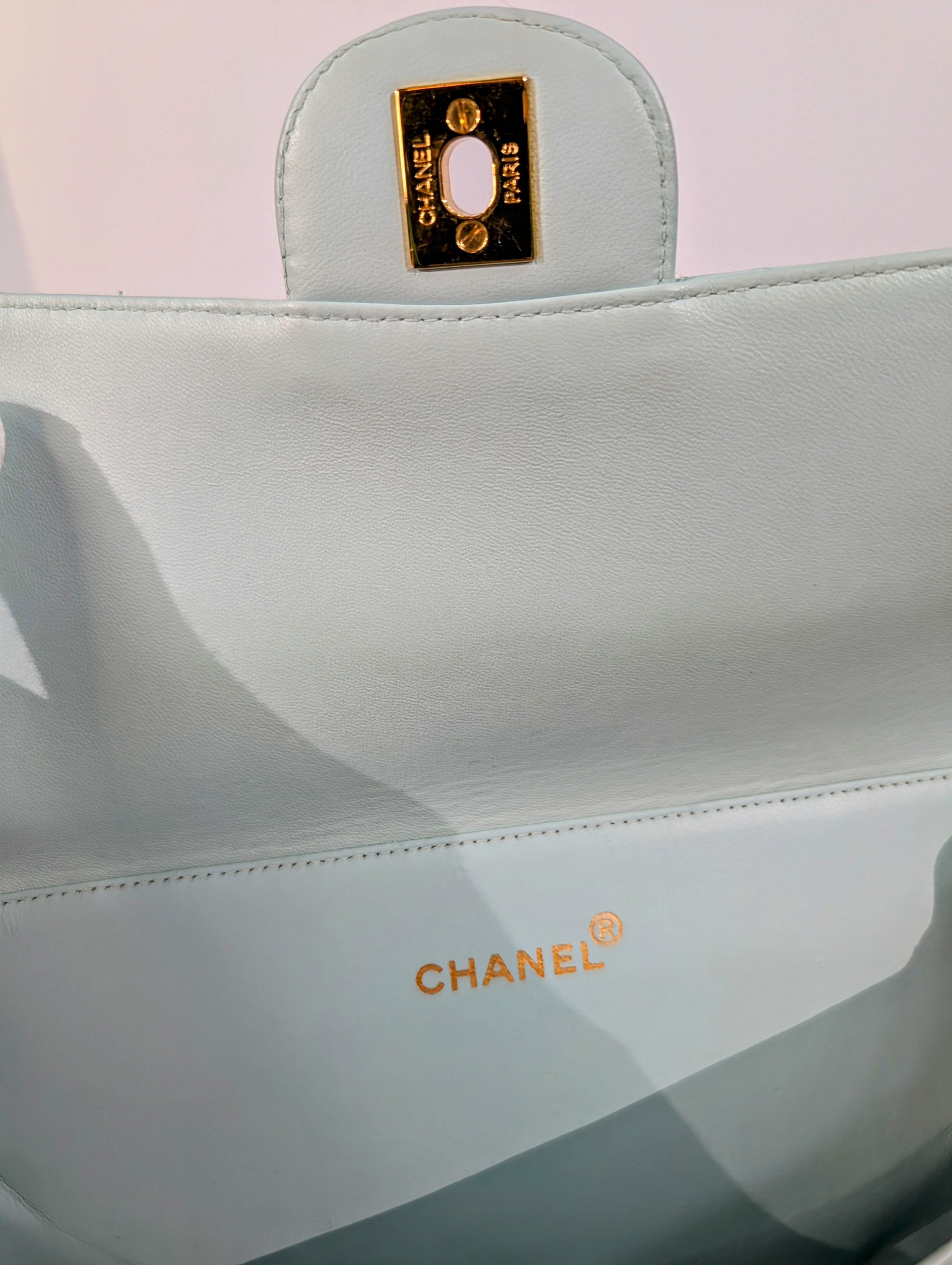 Chanel Light Blue Rare Vintage Jumbo Calfskin Double Turn-lock Bag