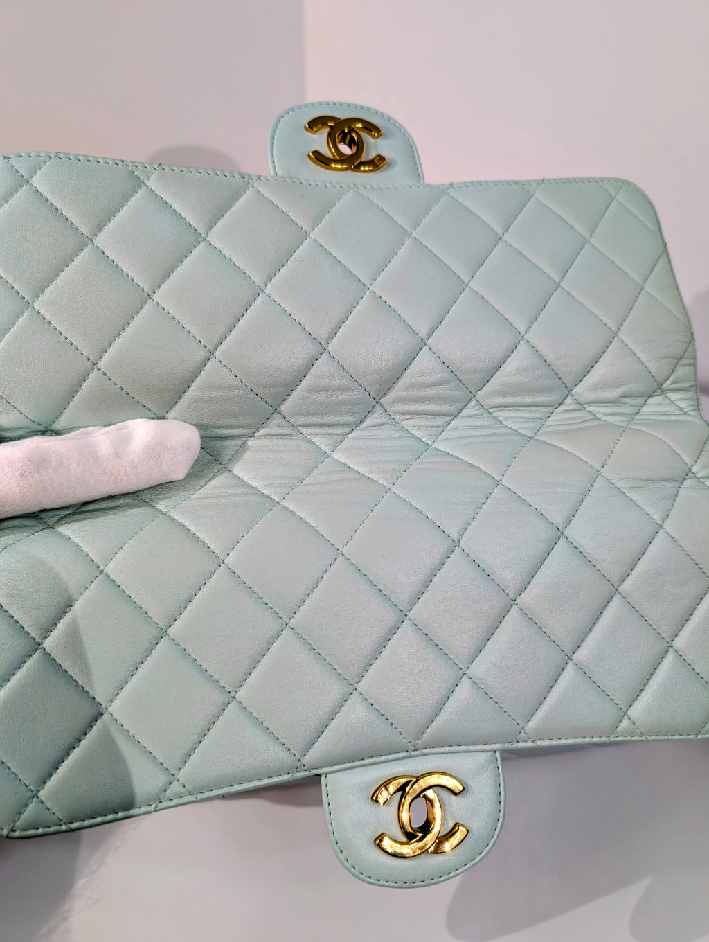 Chanel Light Blue Rare Vintage Jumbo Calfskin Double Turn-lock Bag