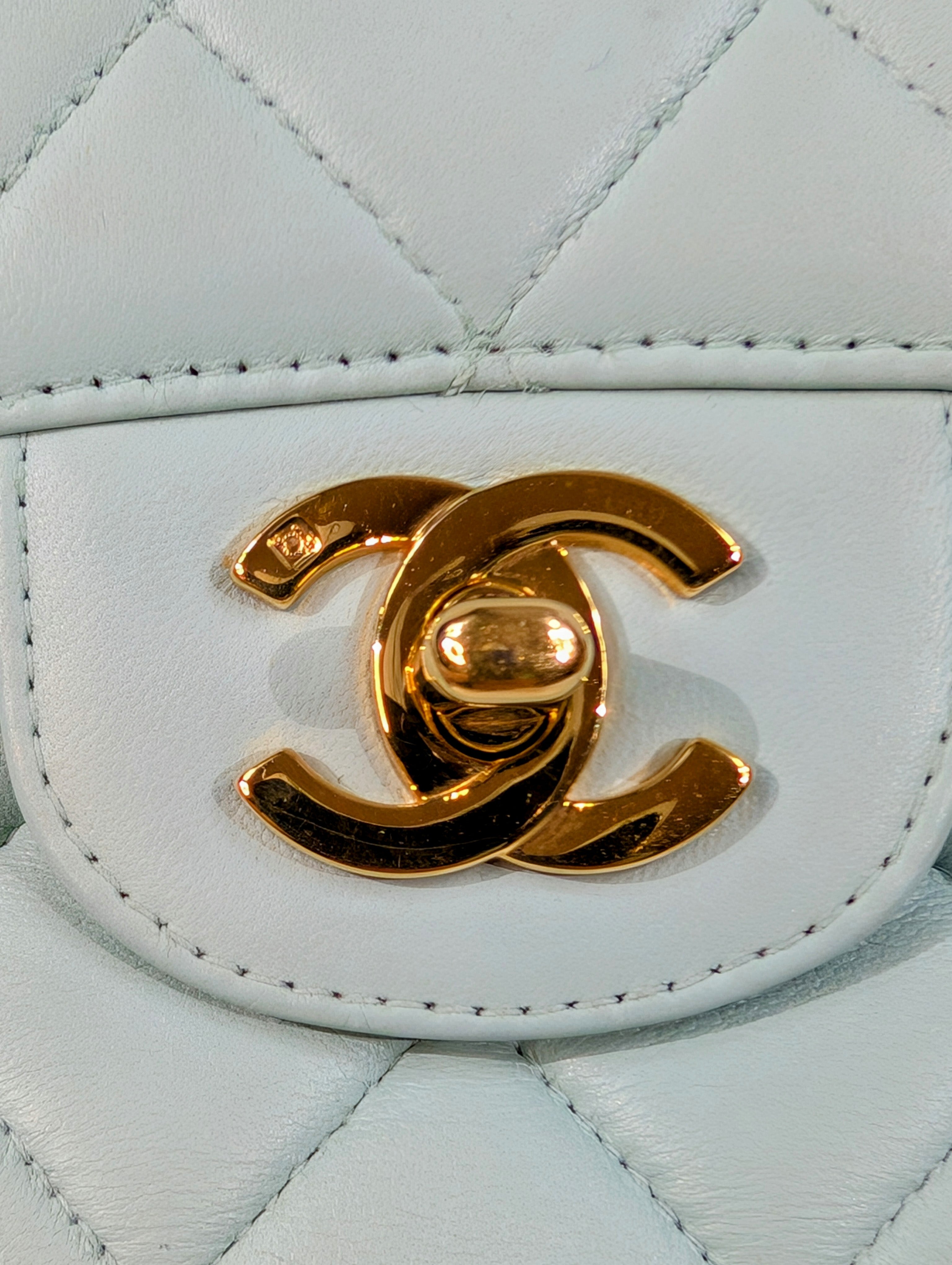 Chanel Light Blue Rare Vintage Jumbo Calfskin Double Turn-lock Bag