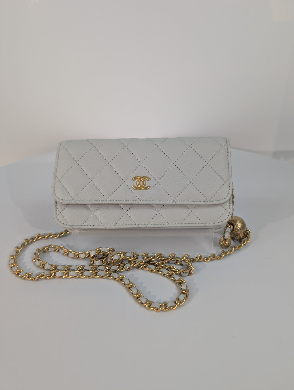 Chanel Light Blue Grey Wallet on Chain (WOC) with Gold Charm