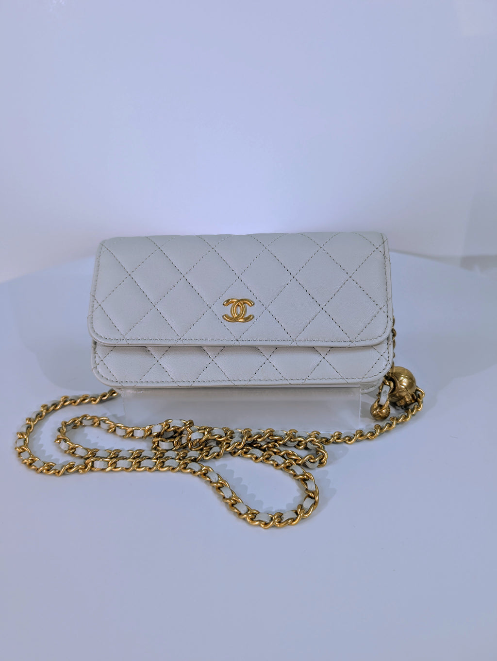 Chanel Light Blue Grey Wallet on Chain (WOC) with Gold Charm