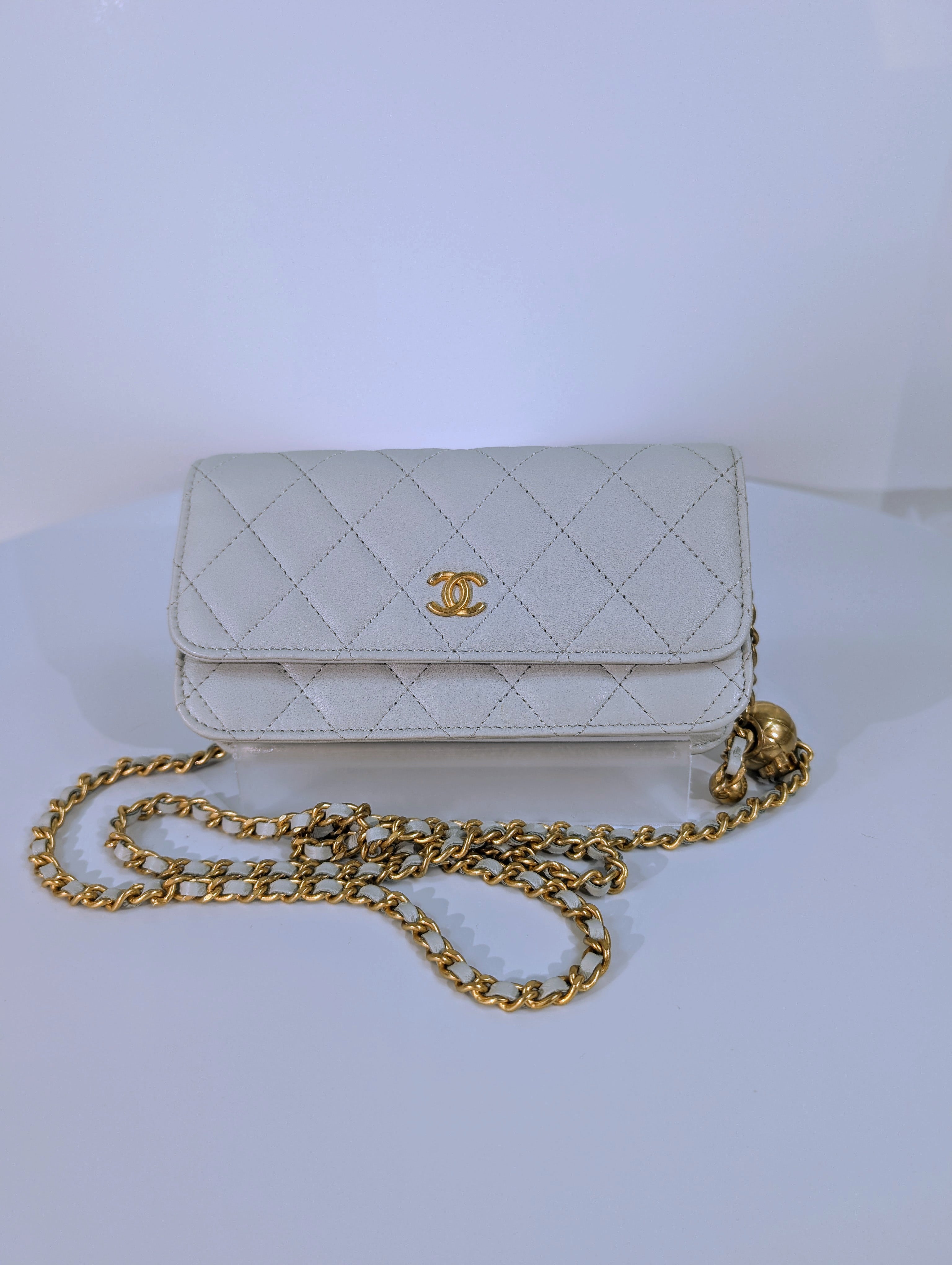 Chanel Light Blue Grey Wallet on Chain (WOC) with Gold Charm