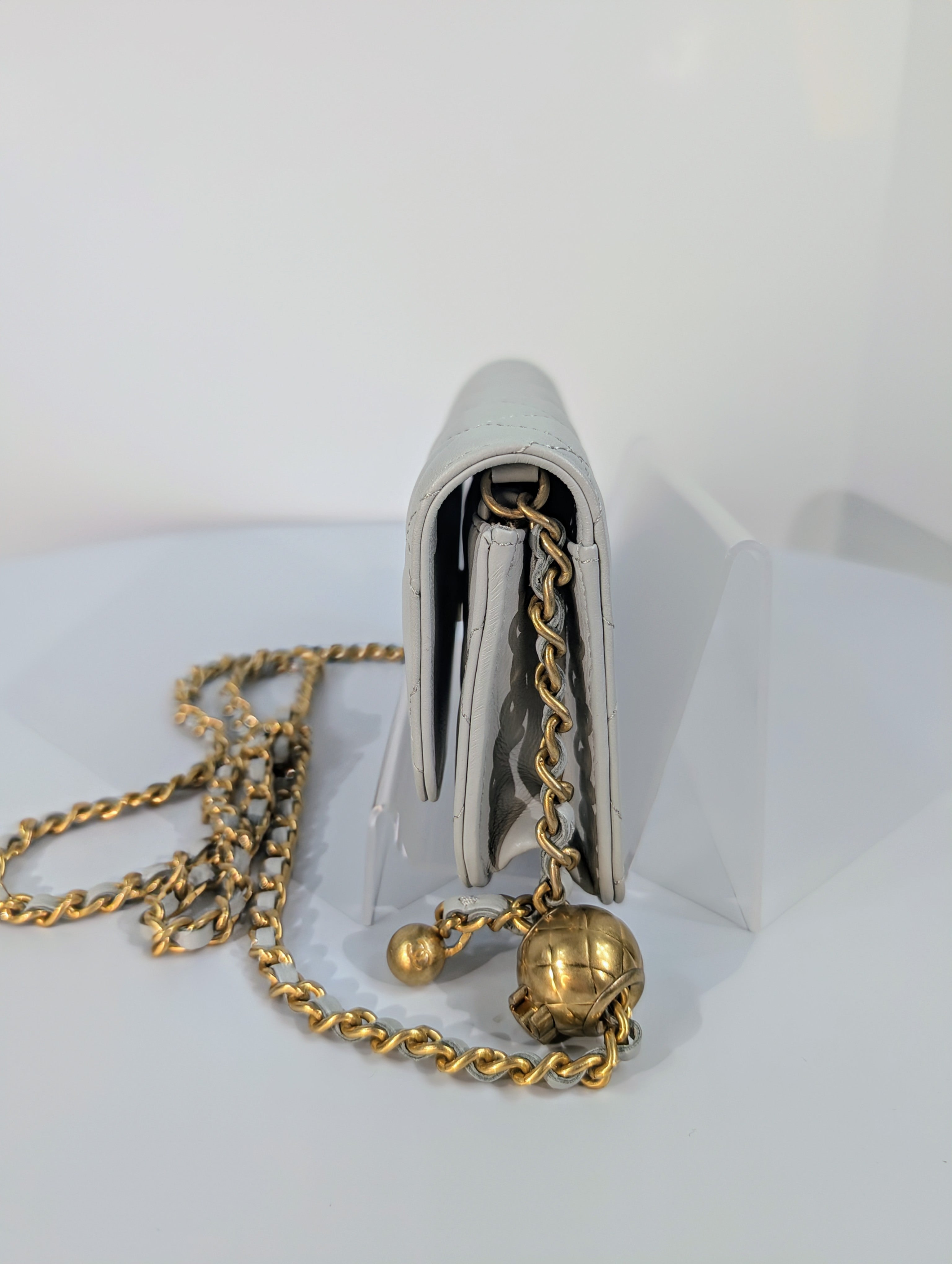 Chanel Light Blue Grey Wallet on Chain (WOC) with Gold Charm