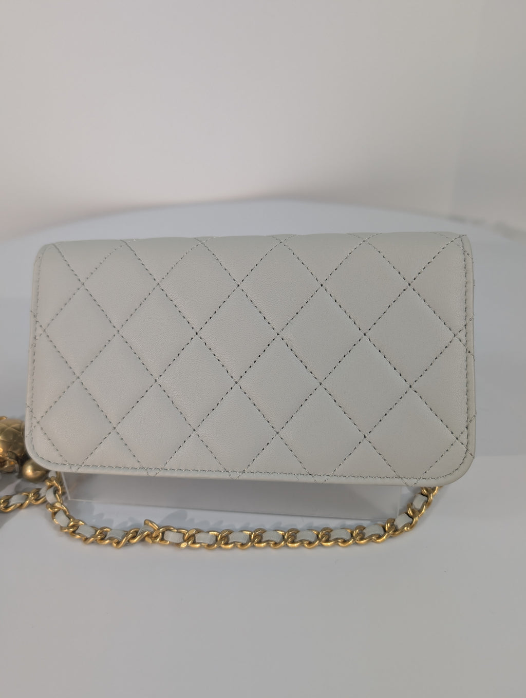 Chanel Light Blue Grey Wallet on Chain (WOC) with Gold Charm