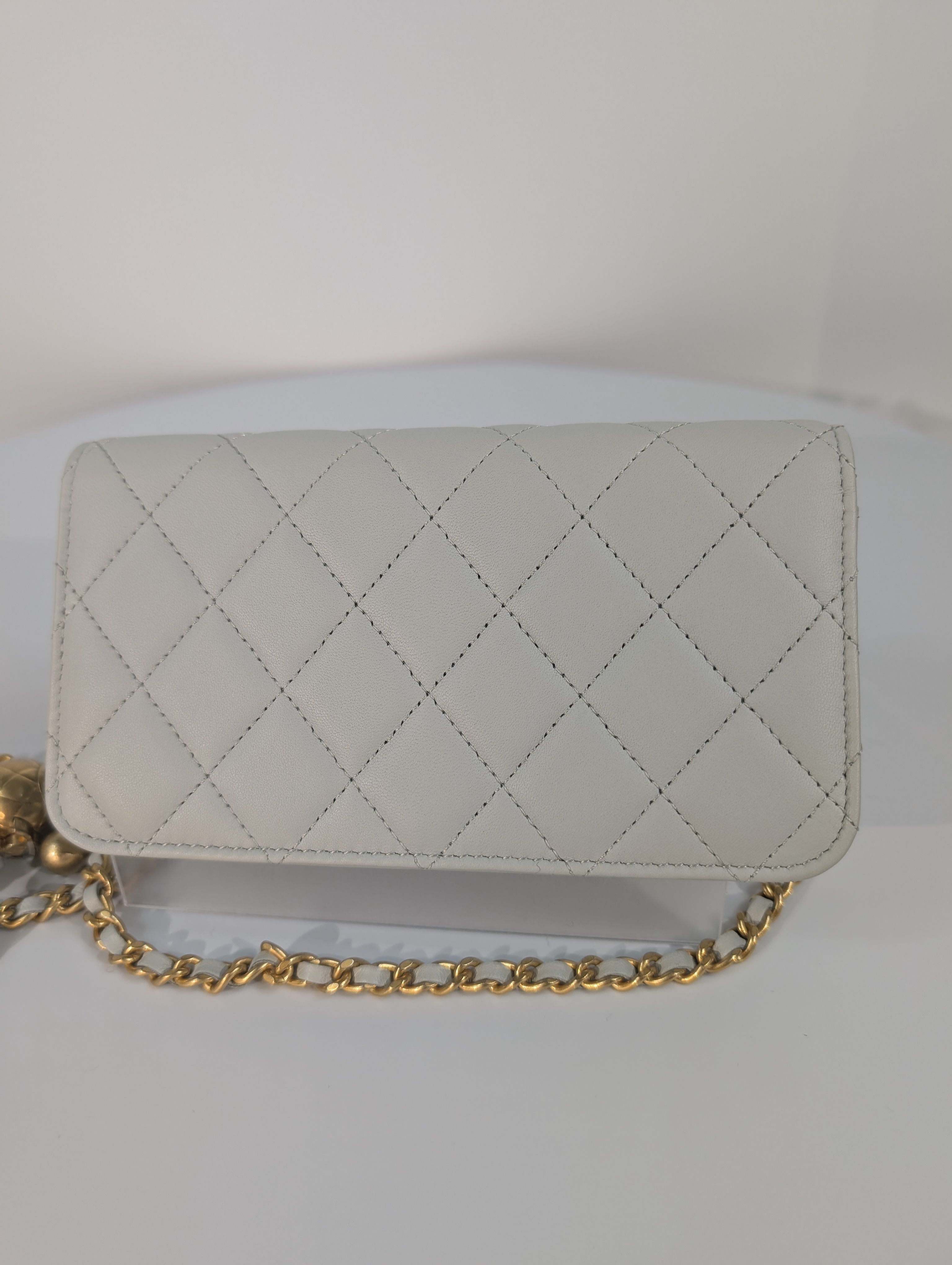 Chanel Light Blue Grey Wallet on Chain (WOC) with Gold Charm