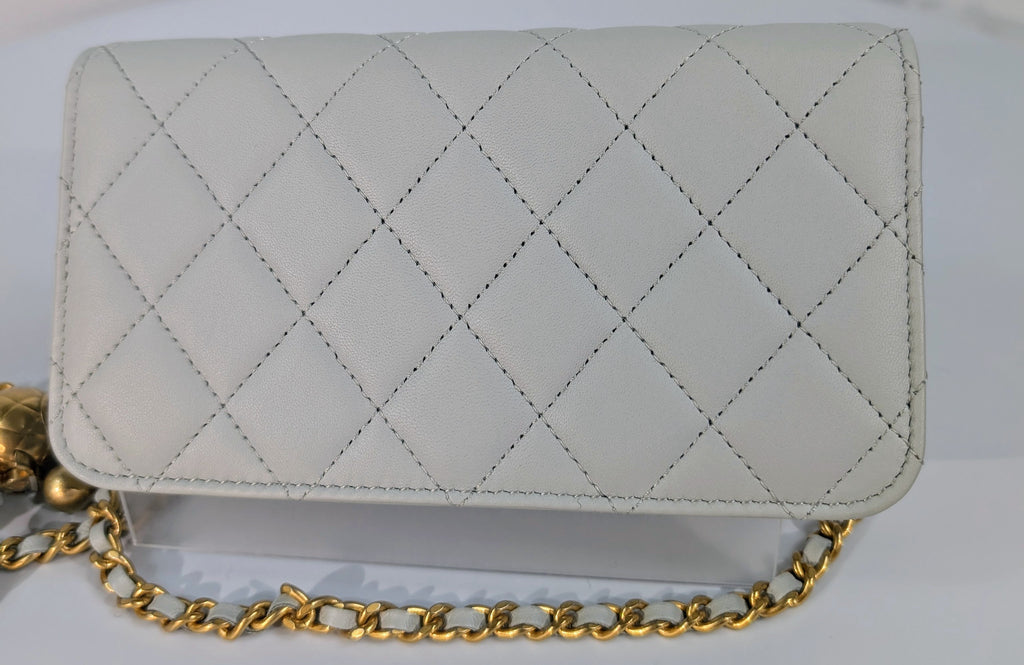 Chanel Light Blue Grey Wallet on Chain (WOC) with Gold Charm