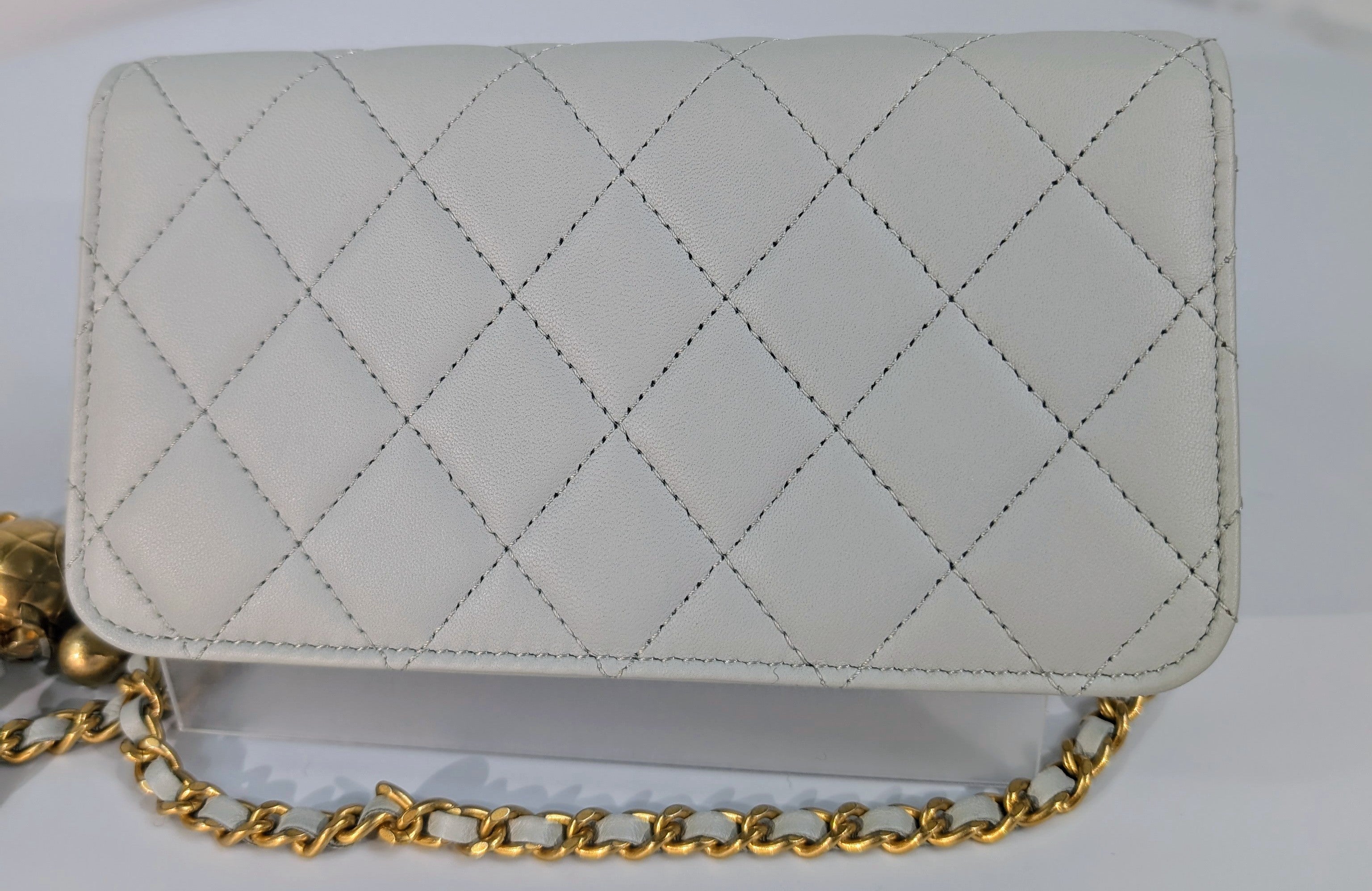 Chanel Light Blue Grey Wallet on Chain (WOC) with Gold Charm
