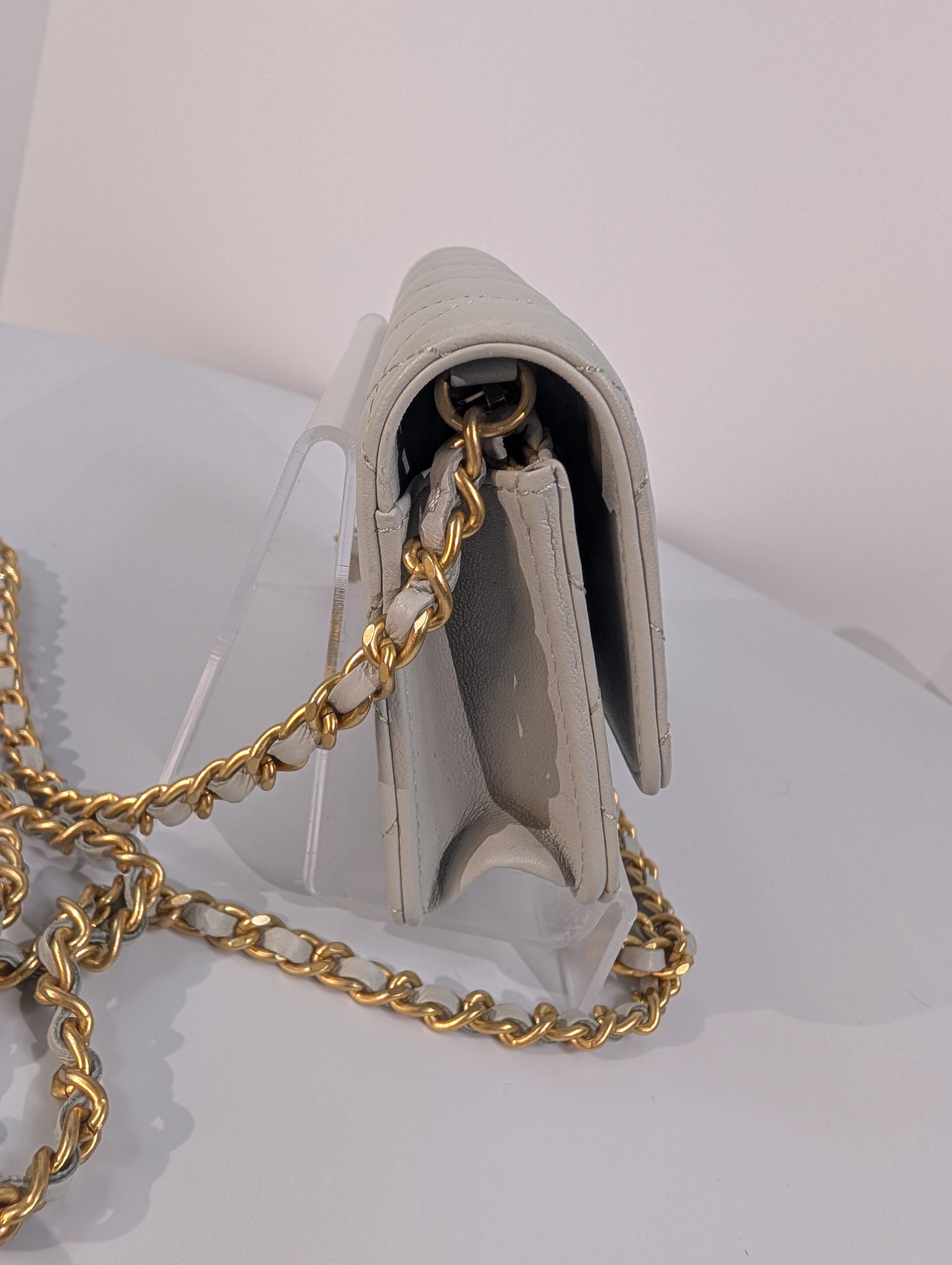 Chanel Light Blue Grey Wallet on Chain (WOC) with Gold Charm